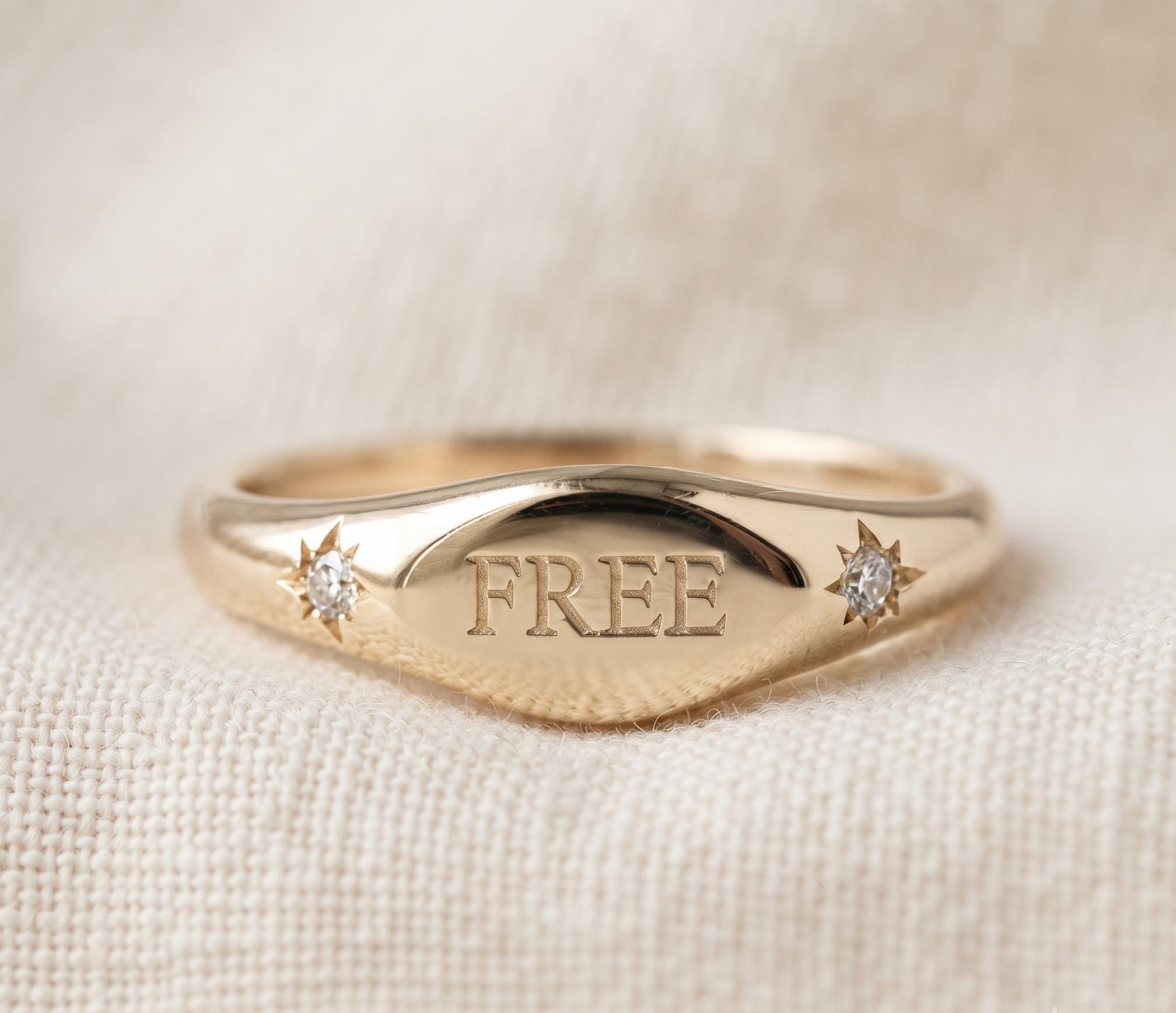 Engraved Gold Signet Ring, Custom Word Starburst Band, Minimalist Celestial Jewelry