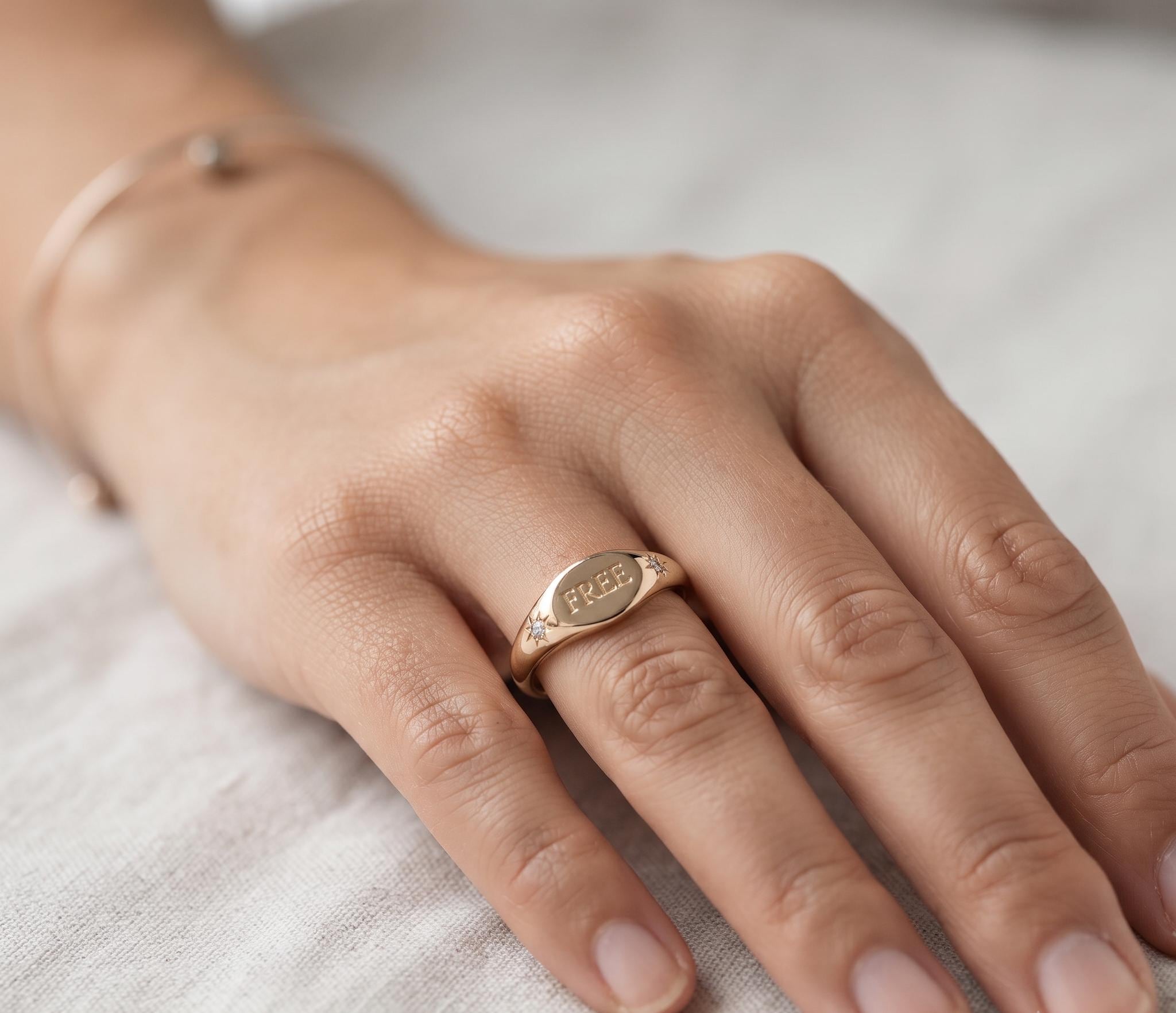 Engraved Gold Signet Ring, Custom Word Starburst Band, Minimalist Celestial Jewelry
