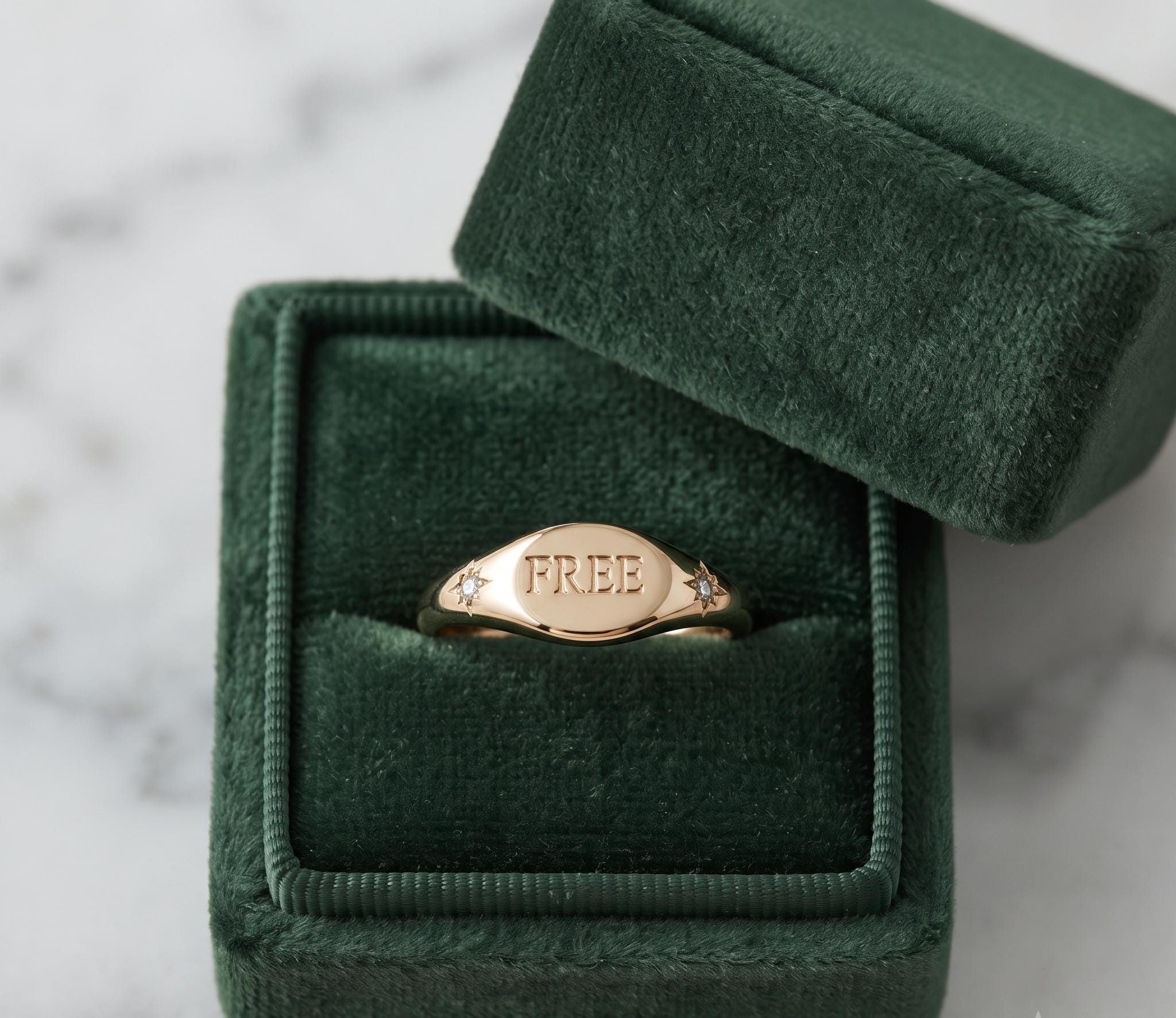 Engraved Gold Signet Ring, Custom Word Starburst Band, Minimalist Celestial Jewelry