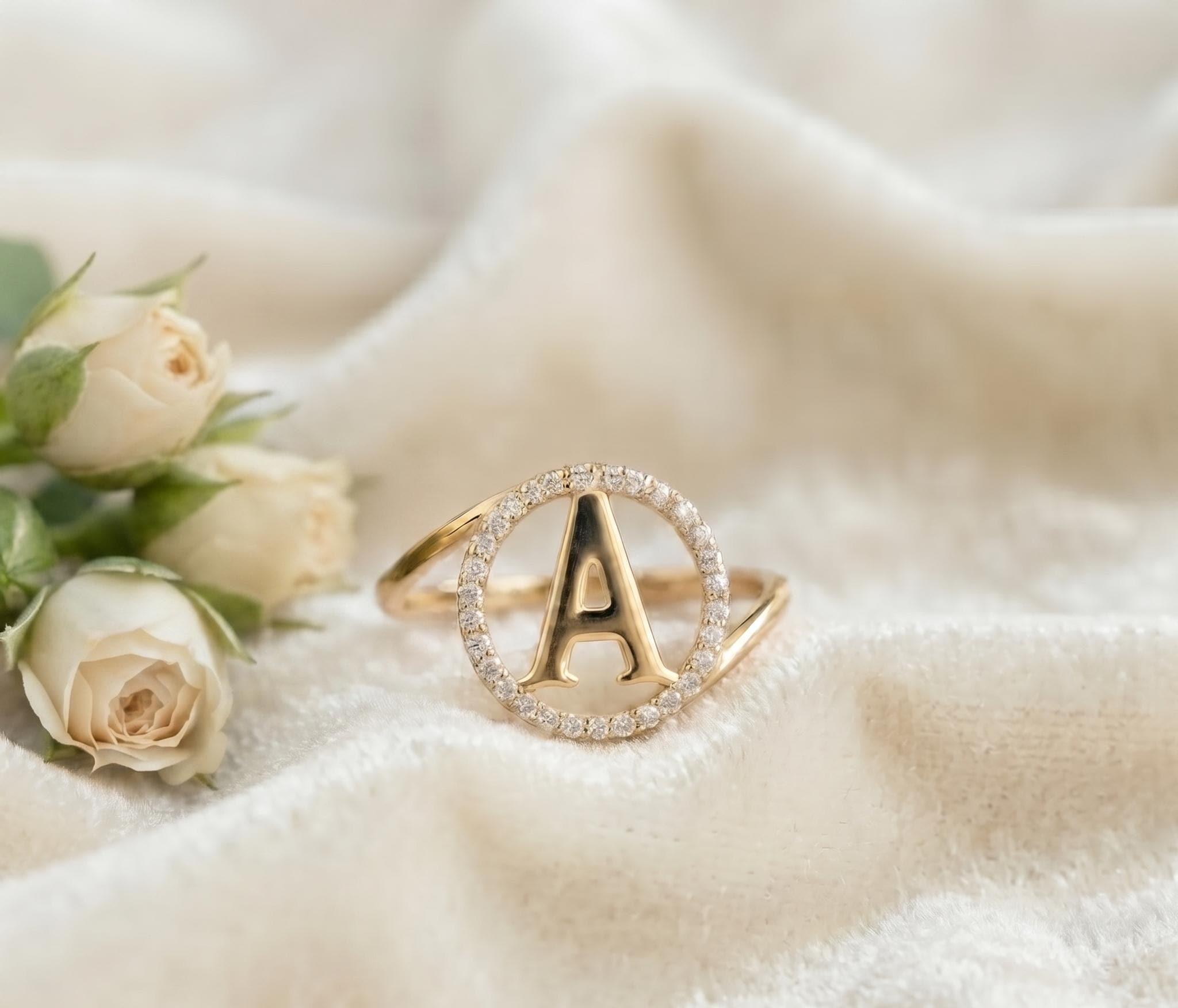 Personalized Initial Diamond Ring, Solid Gold Monogram Pavé Halo Ring