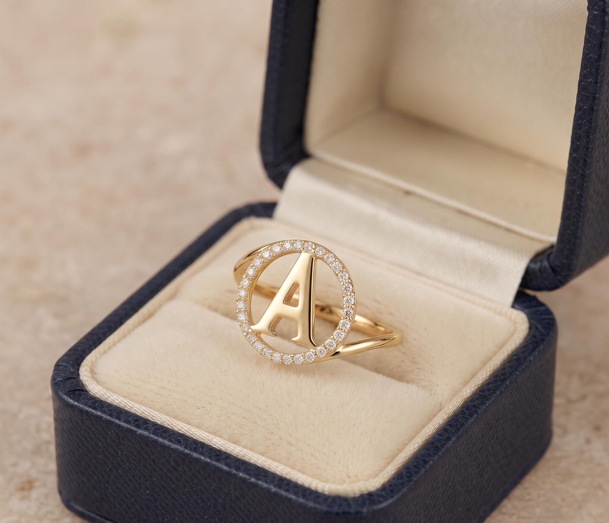 Personalized Initial Diamond Ring, Solid Gold Monogram Pavé Halo Ring