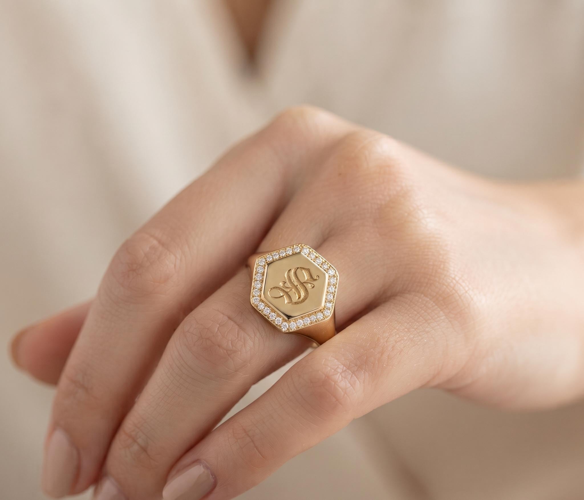Hexagon Signet Ring, Old English Initial, Pave Diamond Border, Gold Statement Ring