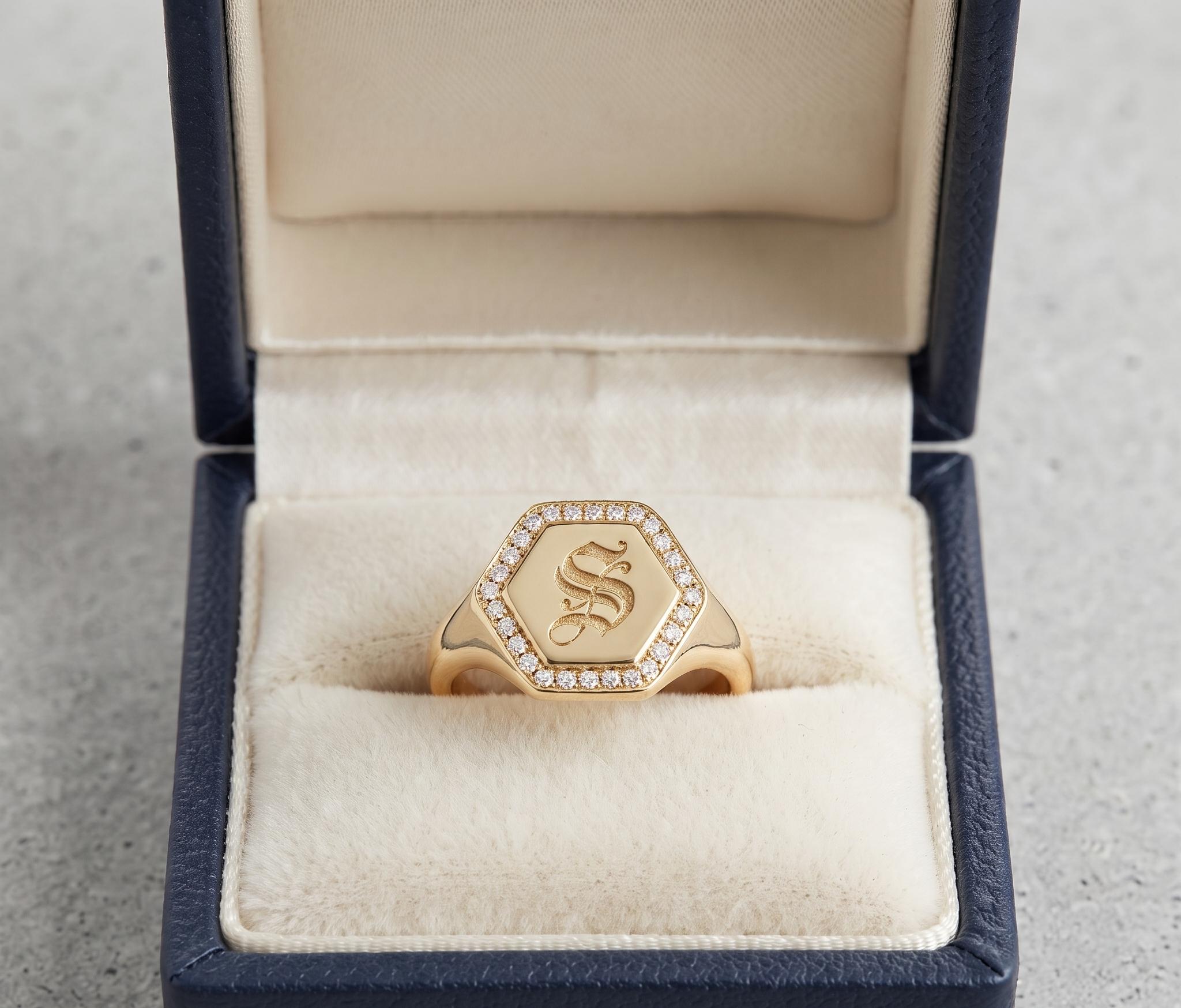 Hexagon Signet Ring, Old English Initial, Pave Diamond Border, Gold Statement Ring