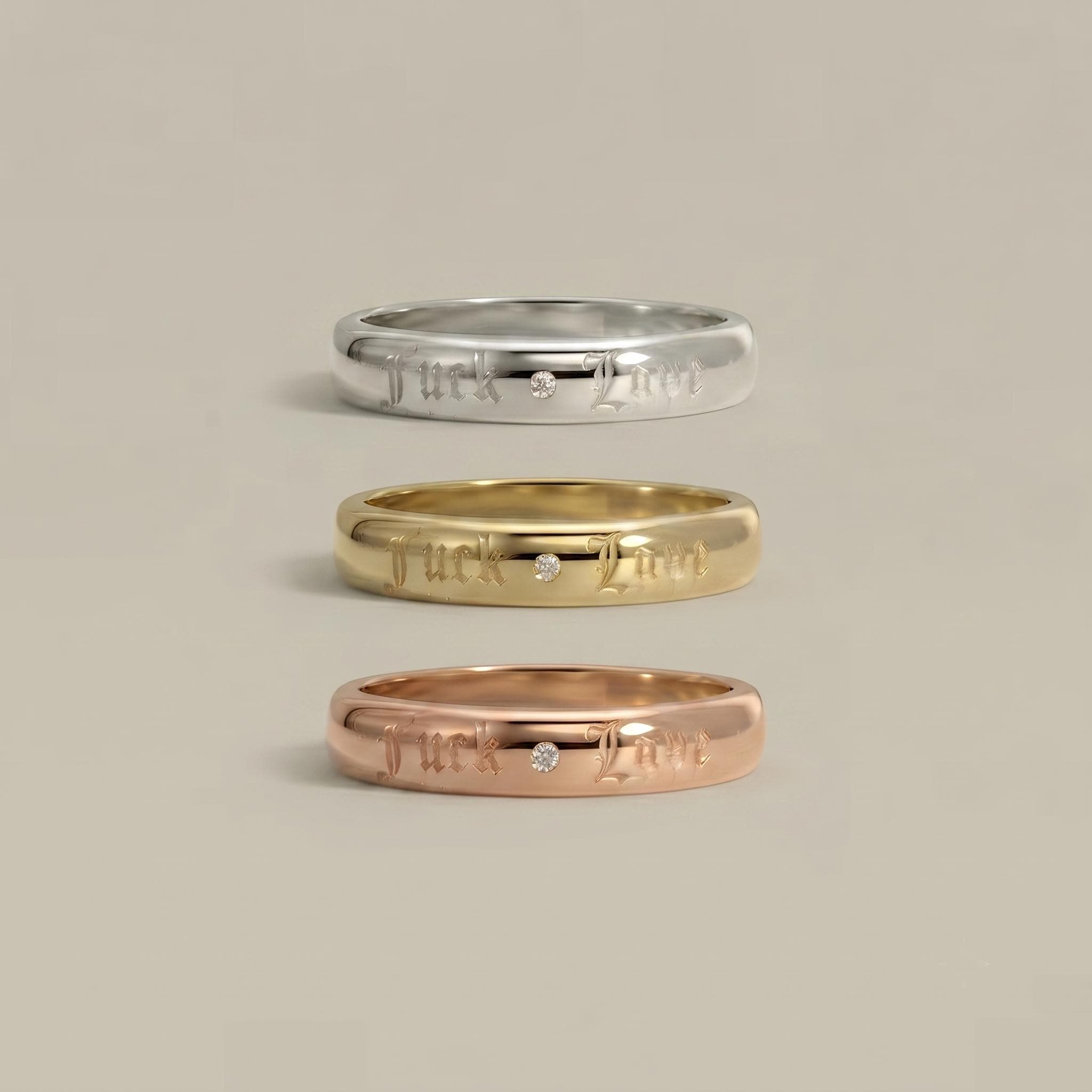 Fuck Love Engraved Ring, Gold Dome Band with Diamond, Bold Statement Ring, Gothic Script Ring, Minimalist  Band, Unique Anti Valentine Gift