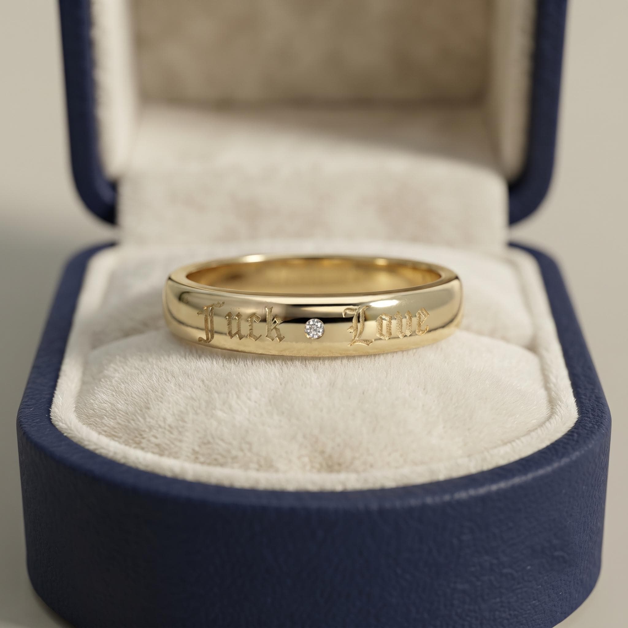 Fuck Love Engraved Ring, Gold Dome Band with Diamond, Bold Statement Ring, Gothic Script Ring, Minimalist  Band, Unique Anti Valentine Gift