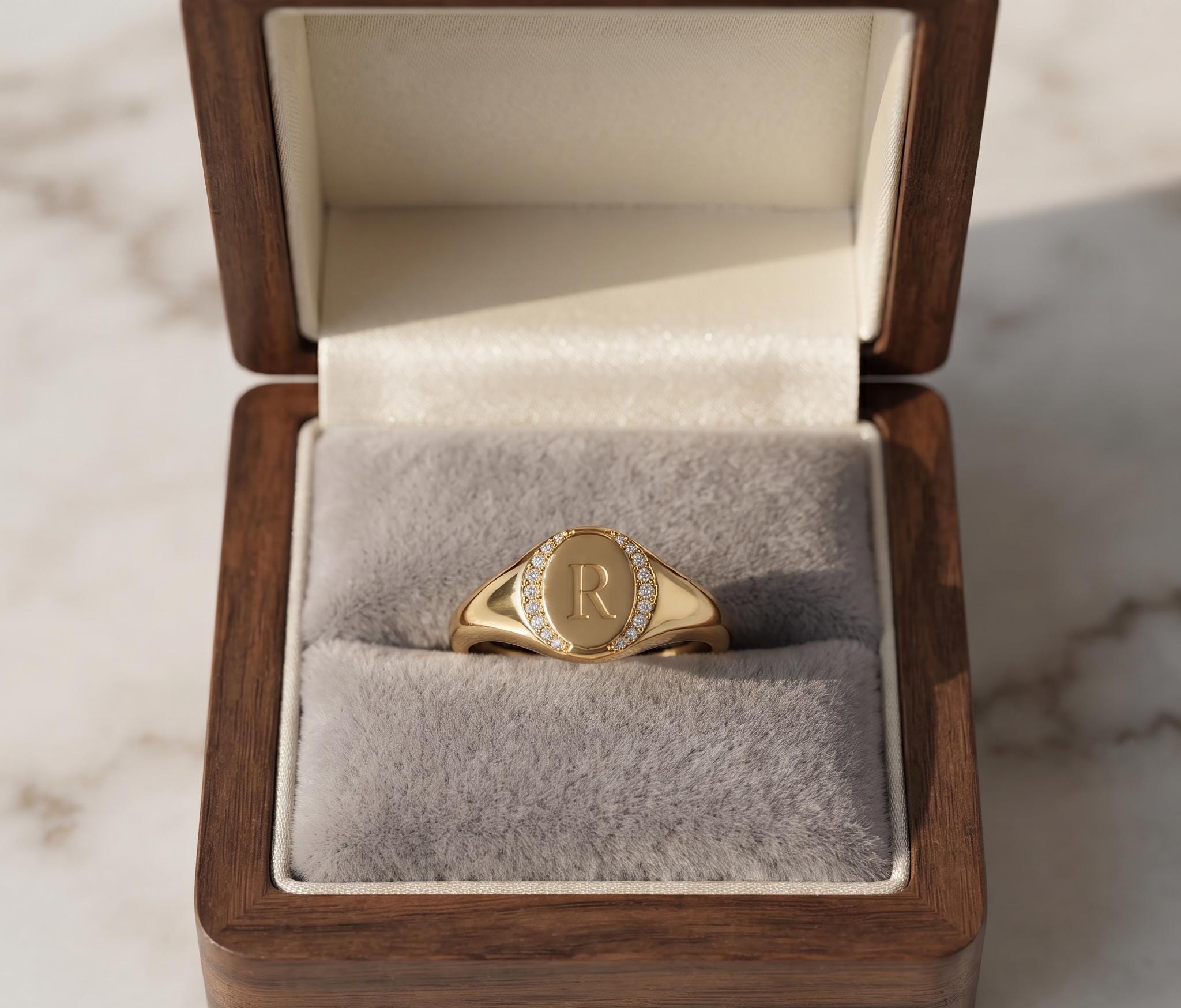 Personalized Oval Signet Ring, Engraved Monogram Crystal Border, Gold Plated Sterling Silver