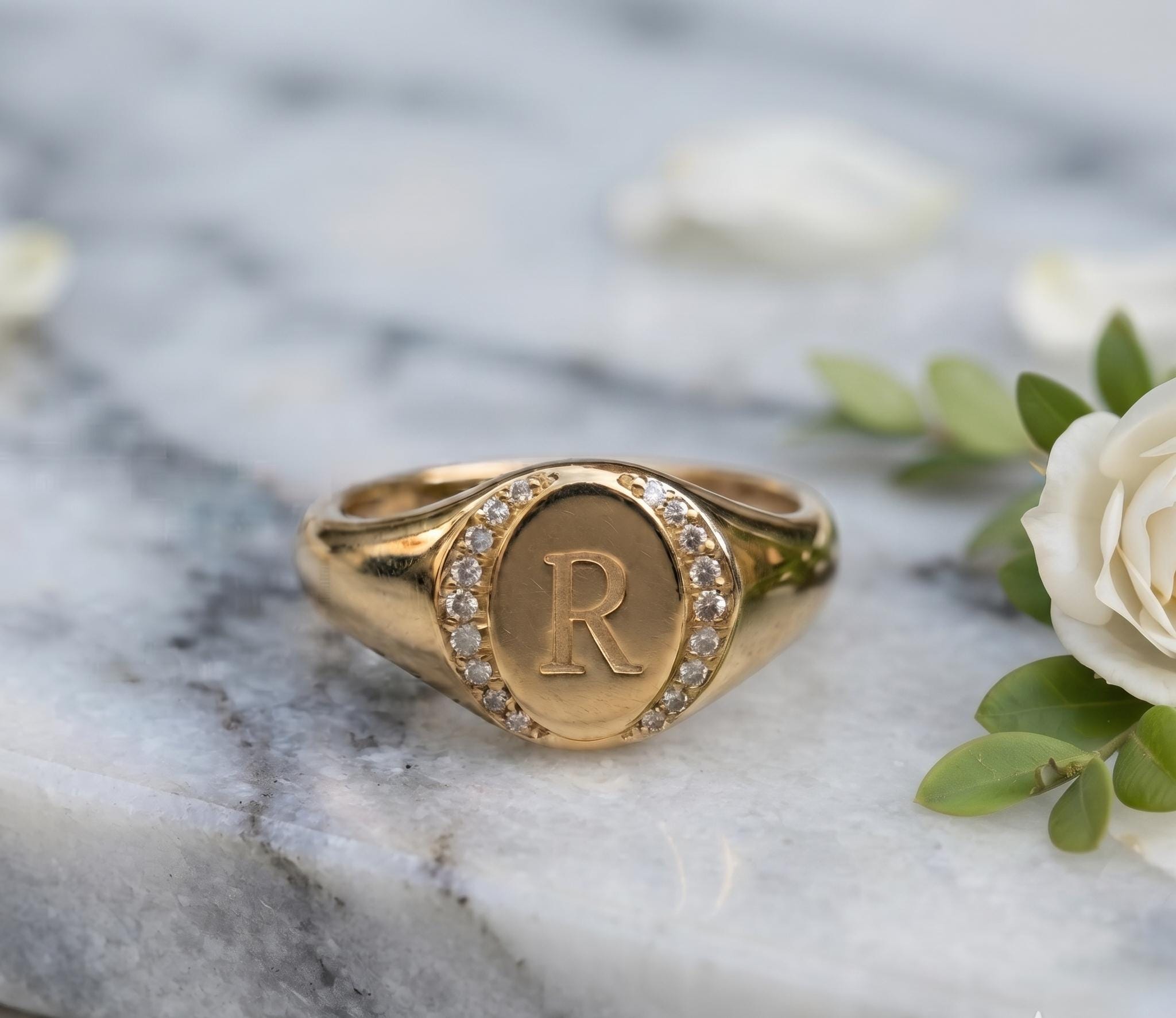 Personalized Oval Signet Ring, Engraved Monogram Crystal Border, Gold Plated Sterling Silver