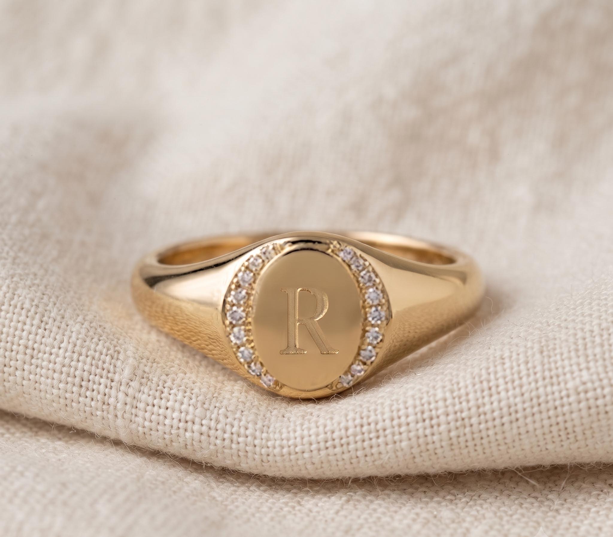 Personalized Oval Signet Ring, Engraved Monogram Crystal Border, Gold Plated Sterling Silver