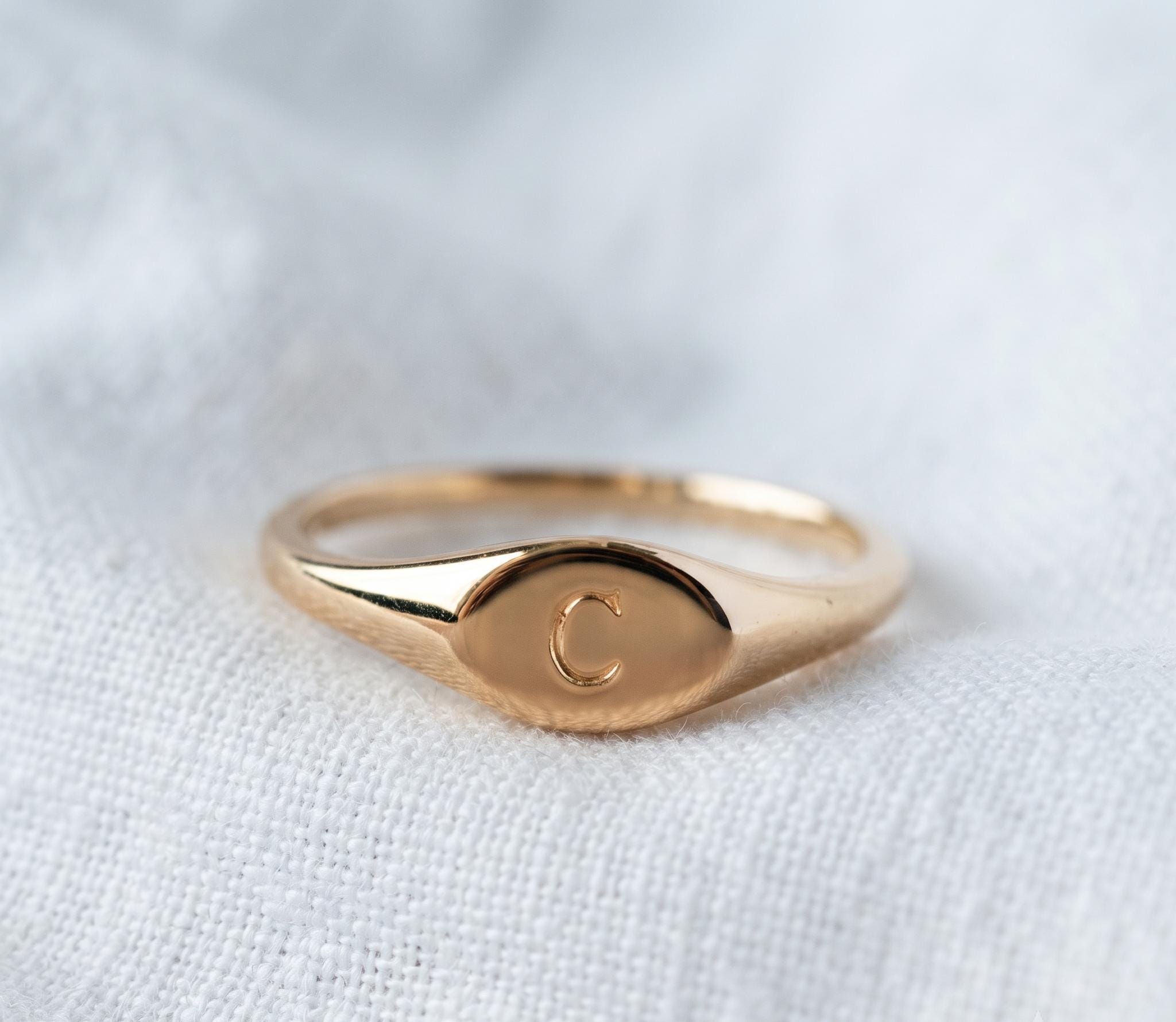 Gold Oval Signet Ring, Minimalist Monogram Initial C Ring, Dainty Pinky Jewelry