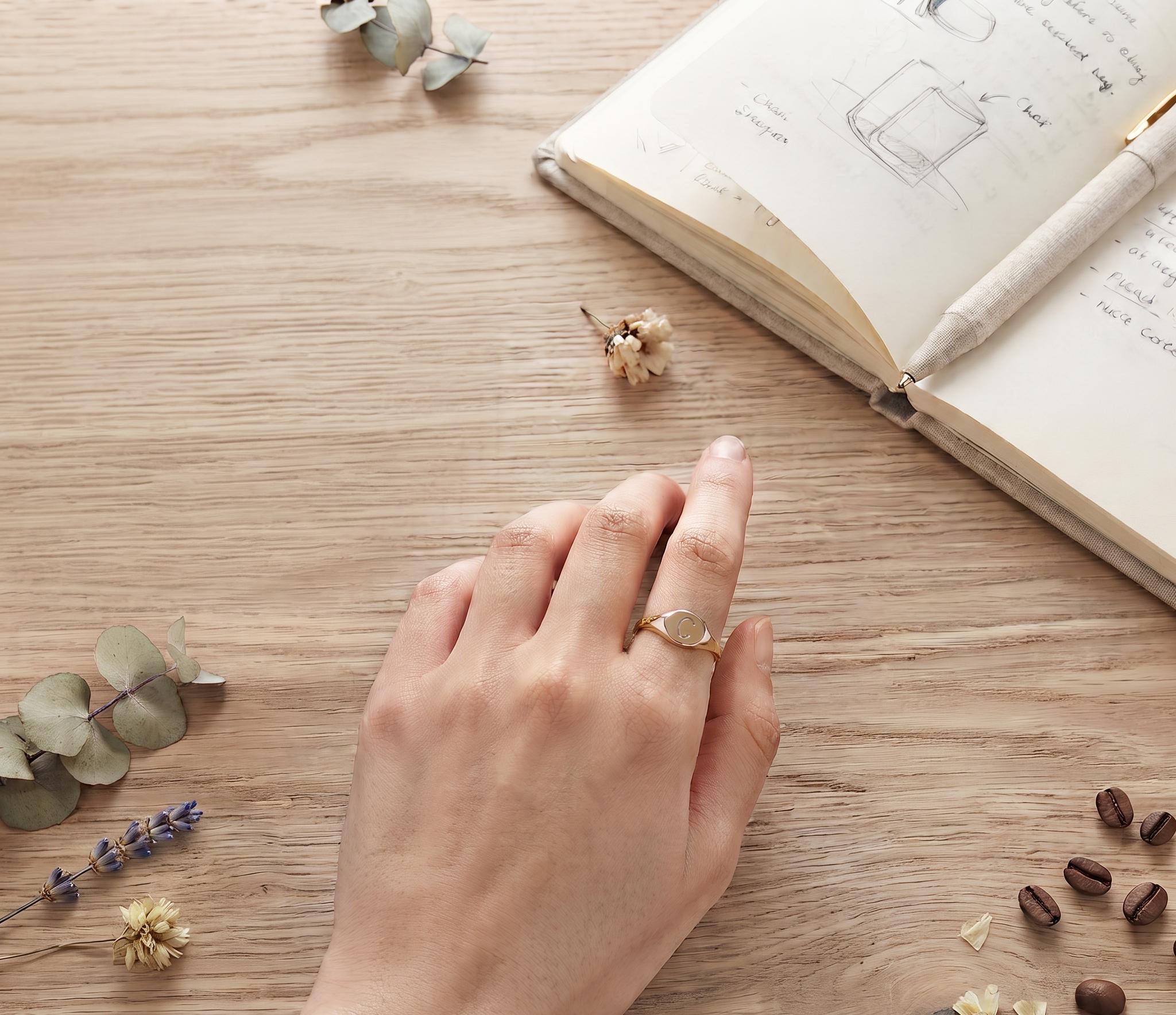 Gold Oval Signet Ring, Minimalist Monogram Initial C Ring, Dainty Pinky Jewelry