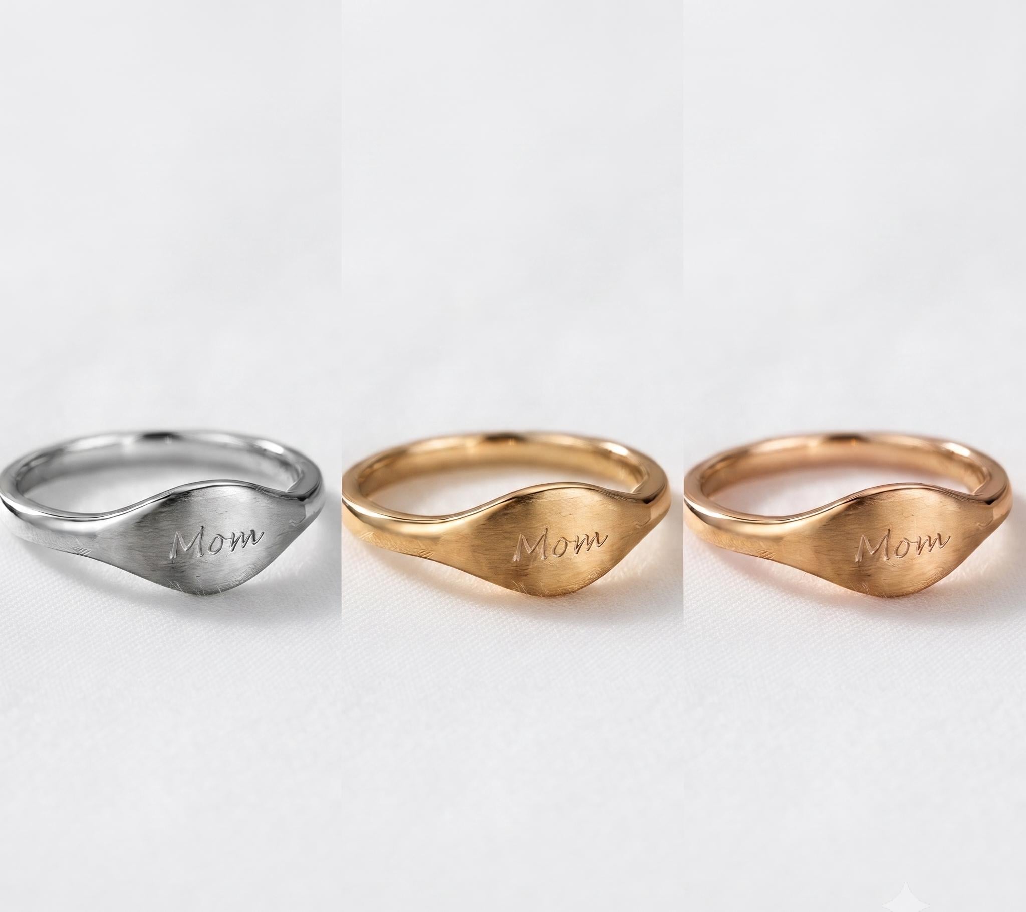 Gold Plated Mom Signet Ring, Engraved Cursive Name Jewelry