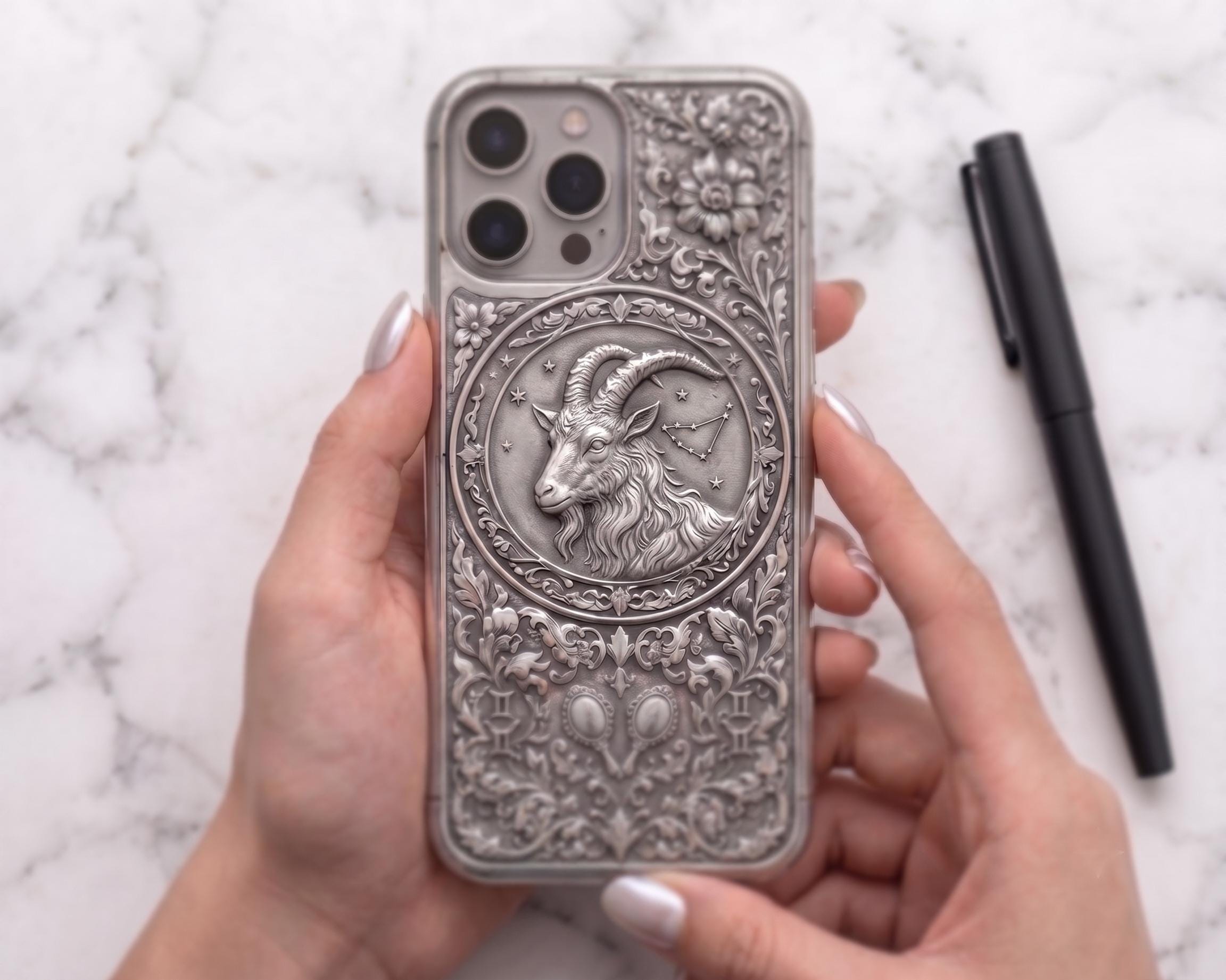 Aries Ram Engraved iPhone Case | Sterling Silver Embossed Astrology Cover
