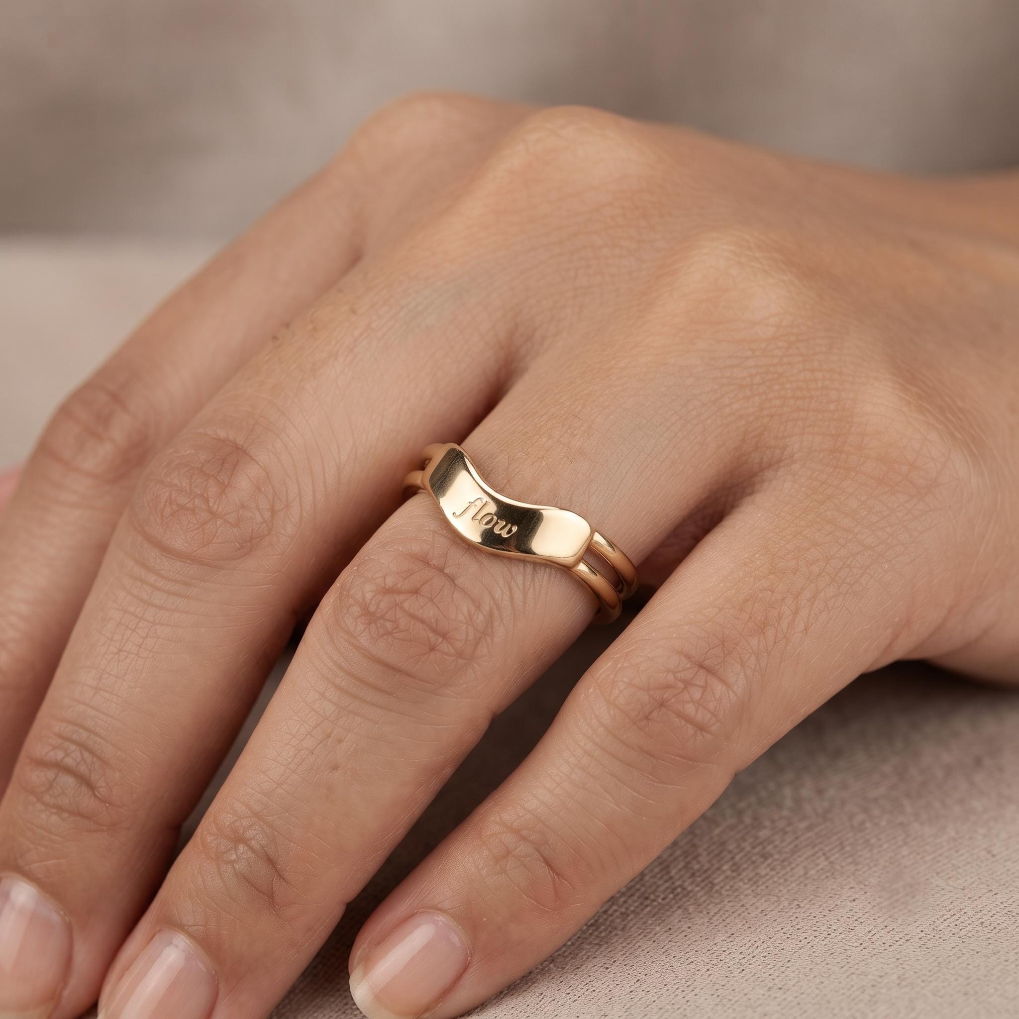 Custom Engraved Gold Chevron Ring – Triple Band Statement Jewelry