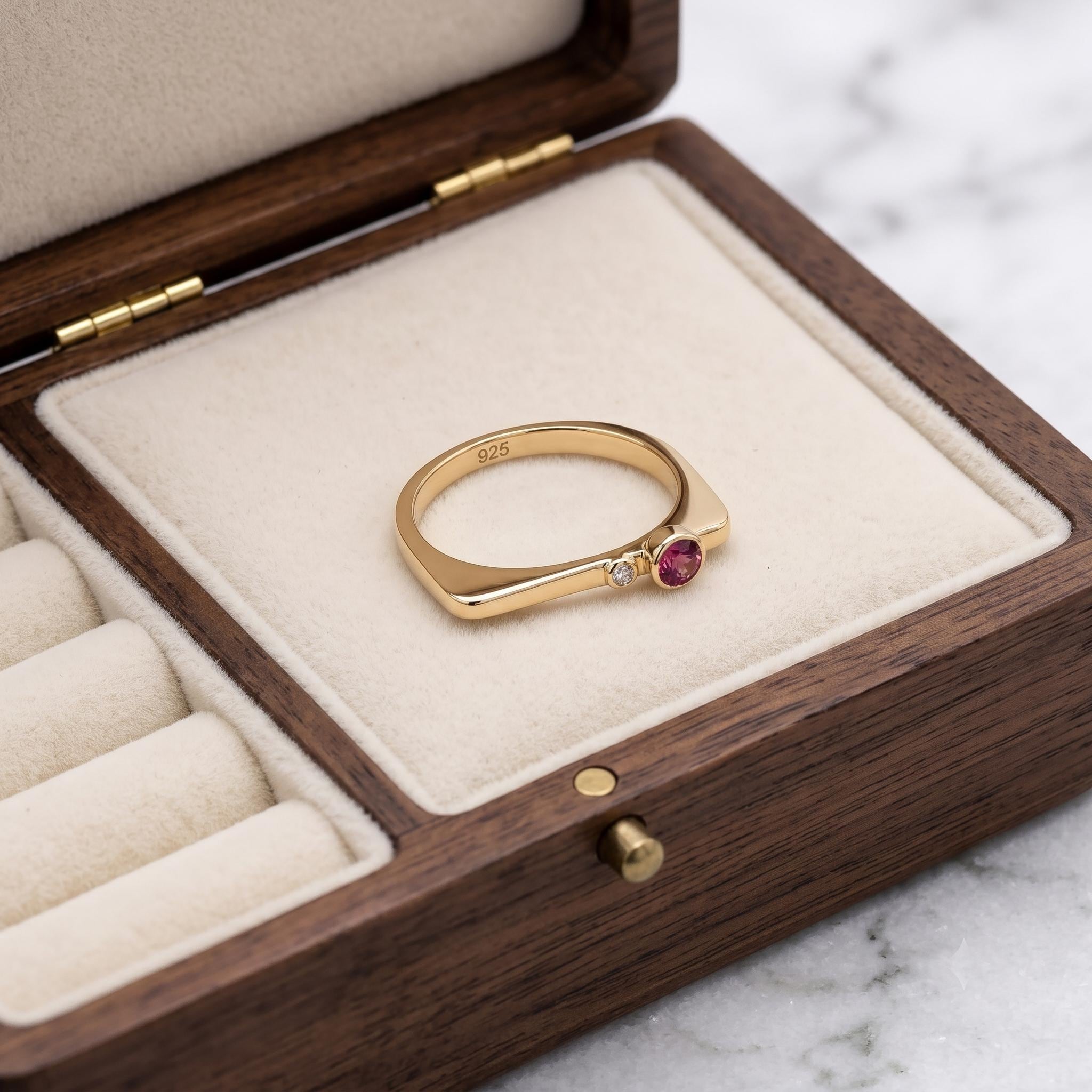Modern Asymmetrical Bezel-Set Pink Stone Ring in Gold-Plated Sterling Silver