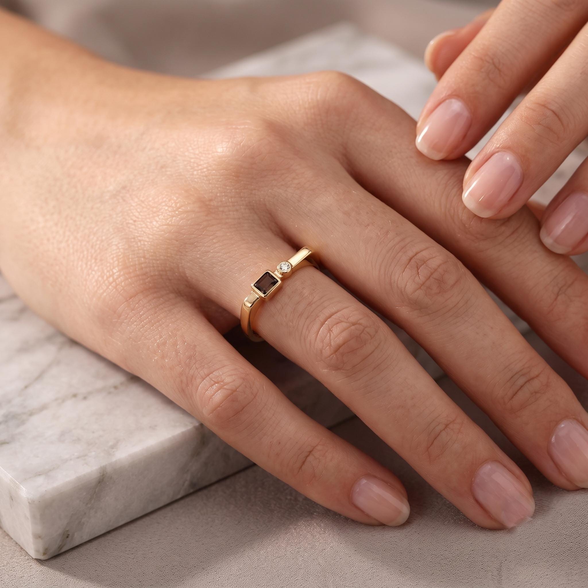 Baguette Smoky Quartz Round Clear Stone Ring, 925 Sterling Silver Gold Plated Stacking Ring