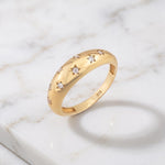 Gold Dome Ring, Celestial Star Engraved, 925 Sterling Silver, Cubic Zirconia Band