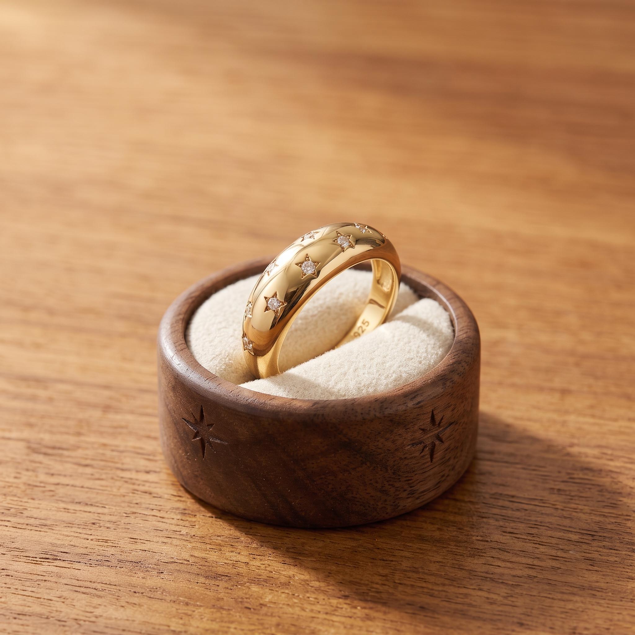 Gold Dome Ring, Celestial Star Engraved, 925 Sterling Silver, Cubic Zirconia Band