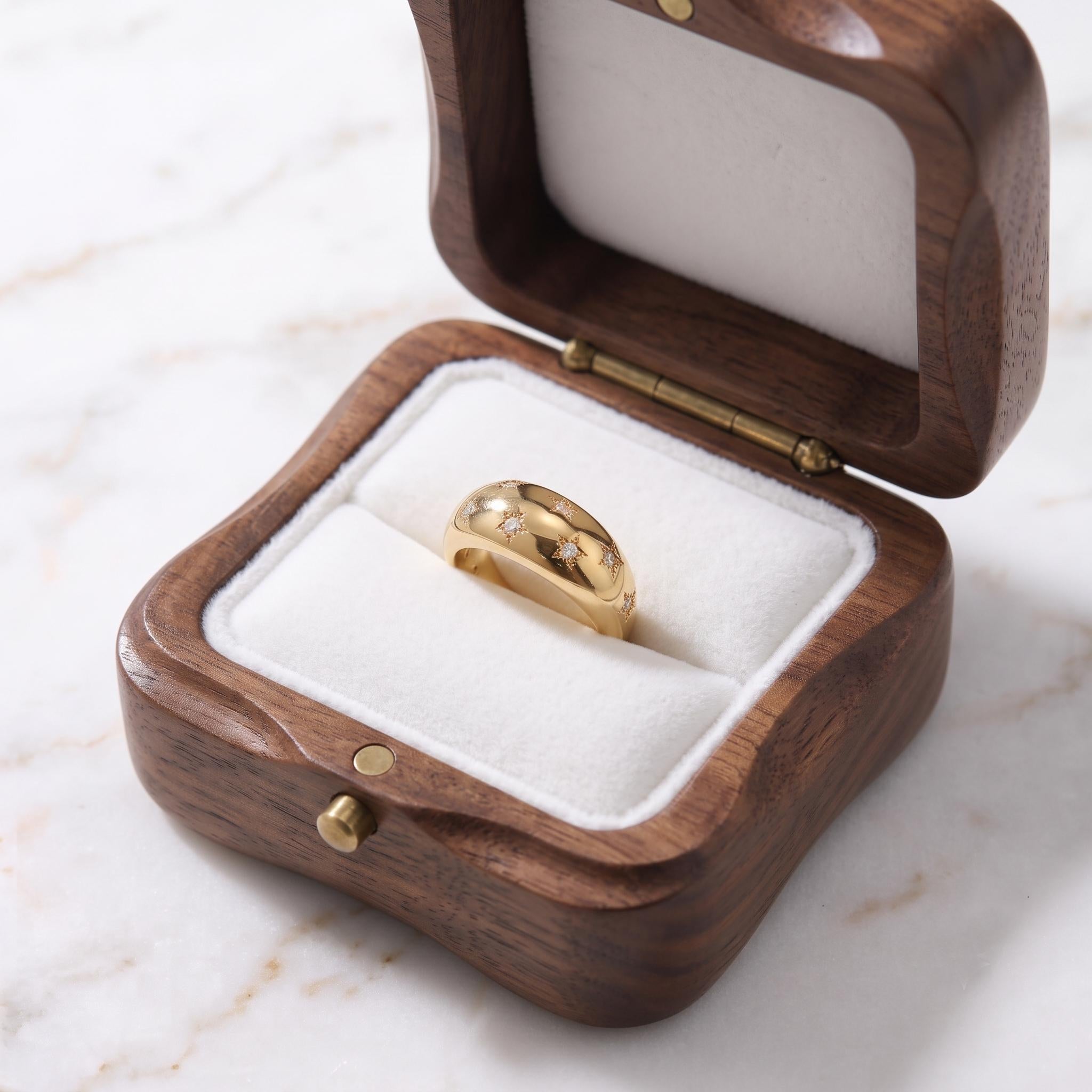 Gold Dome Ring, Celestial Star Engraved, 925 Sterling Silver, Cubic Zirconia Band