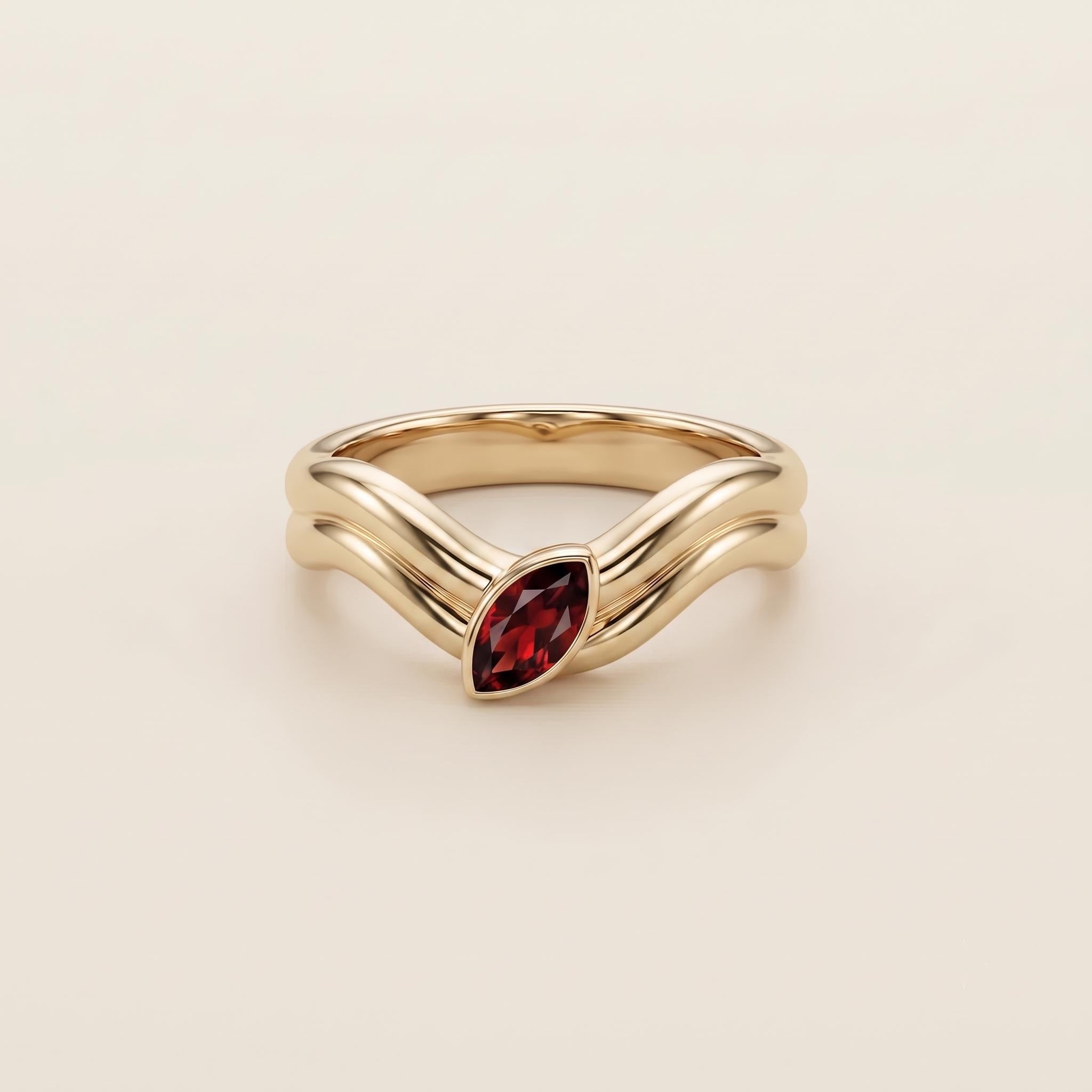 Marquise Garnet V-Shape Ring, Gold Plated Sterling Silver Chevron Band