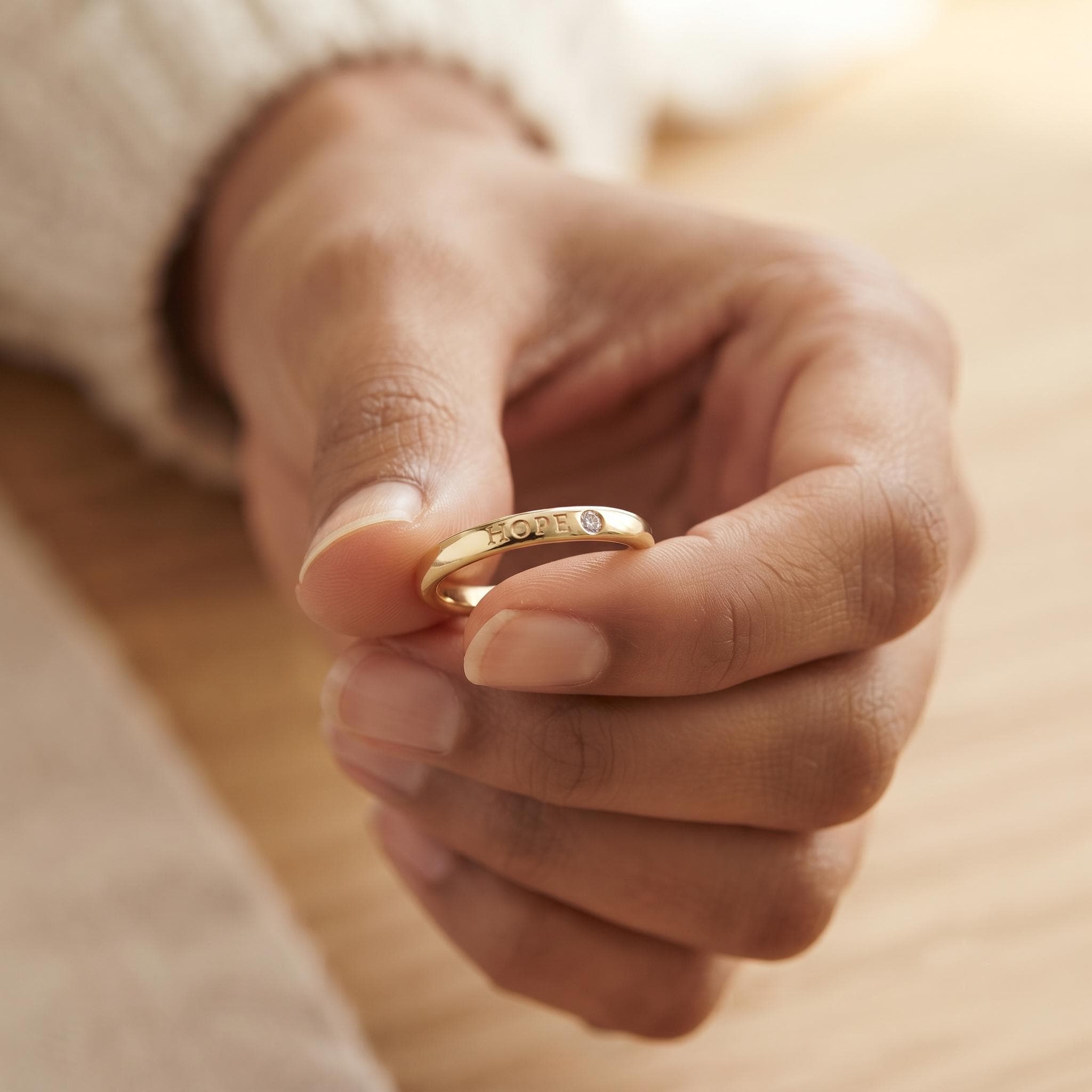 Gold HOPE Ring with Diamond, Meaningful Stacking Band, Symbolic Jewelry