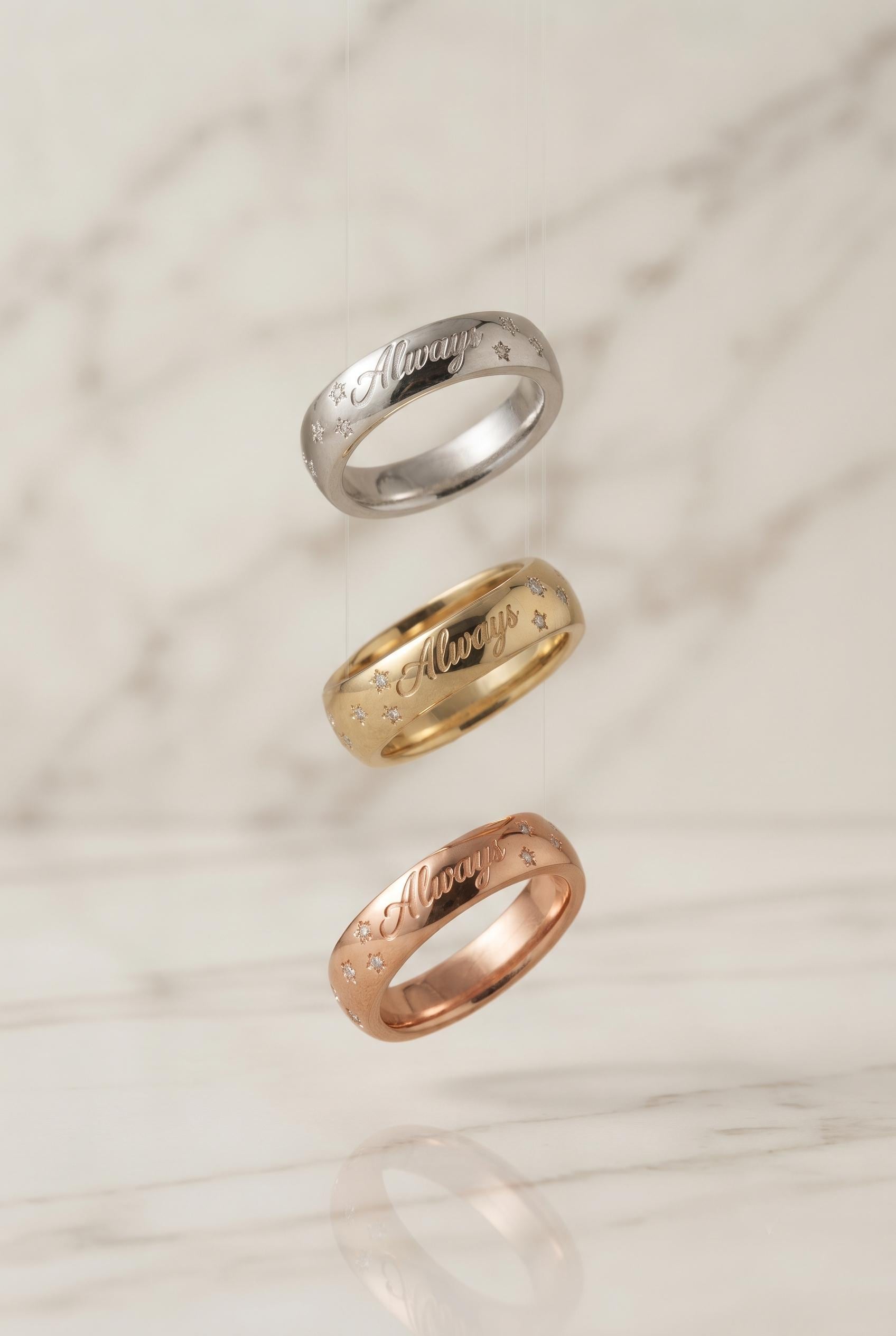 Custom Engraved Gold Band Ring with Star Diamond, Minimalist Stacking Ring