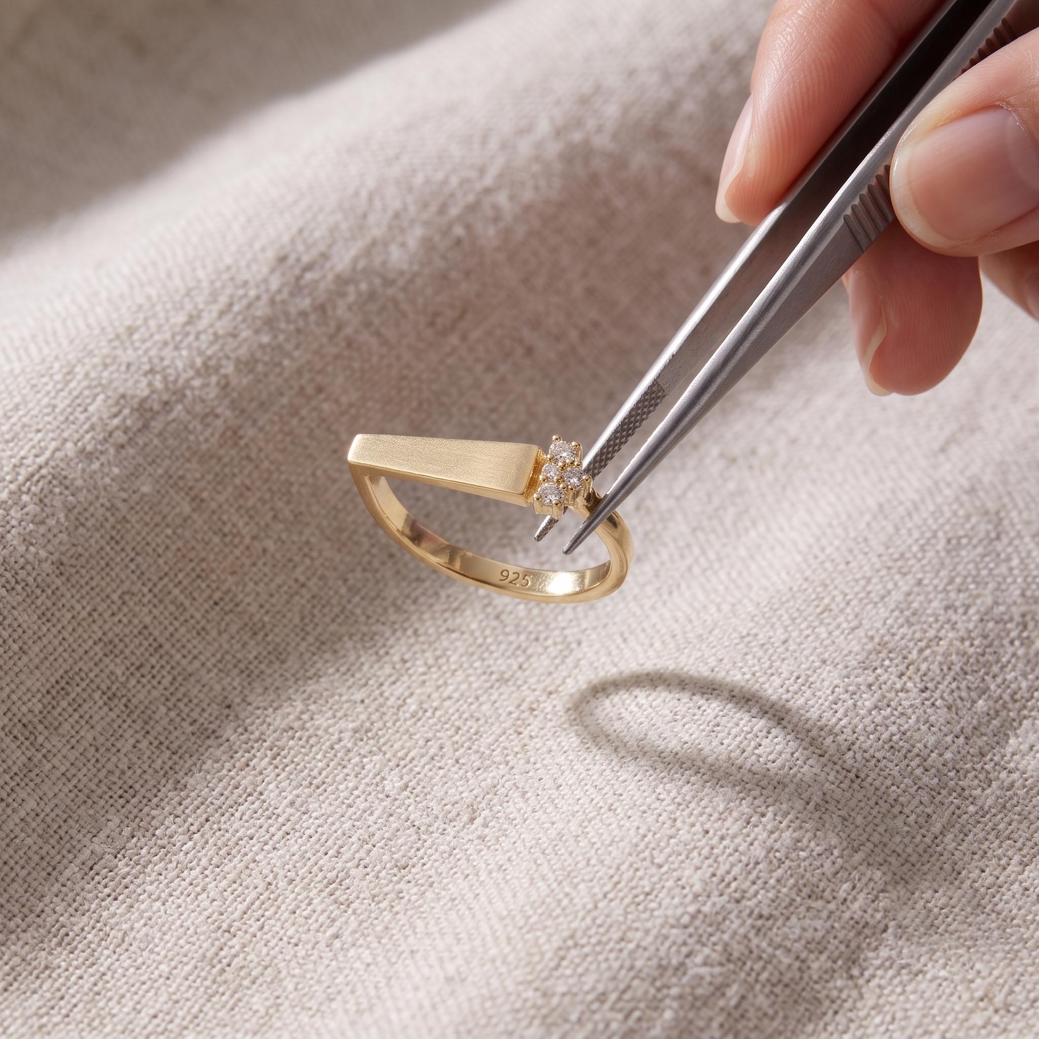 Gold Bar Ring, 925 Sterling Silver, Accent Stones, Geometric Stacking Band