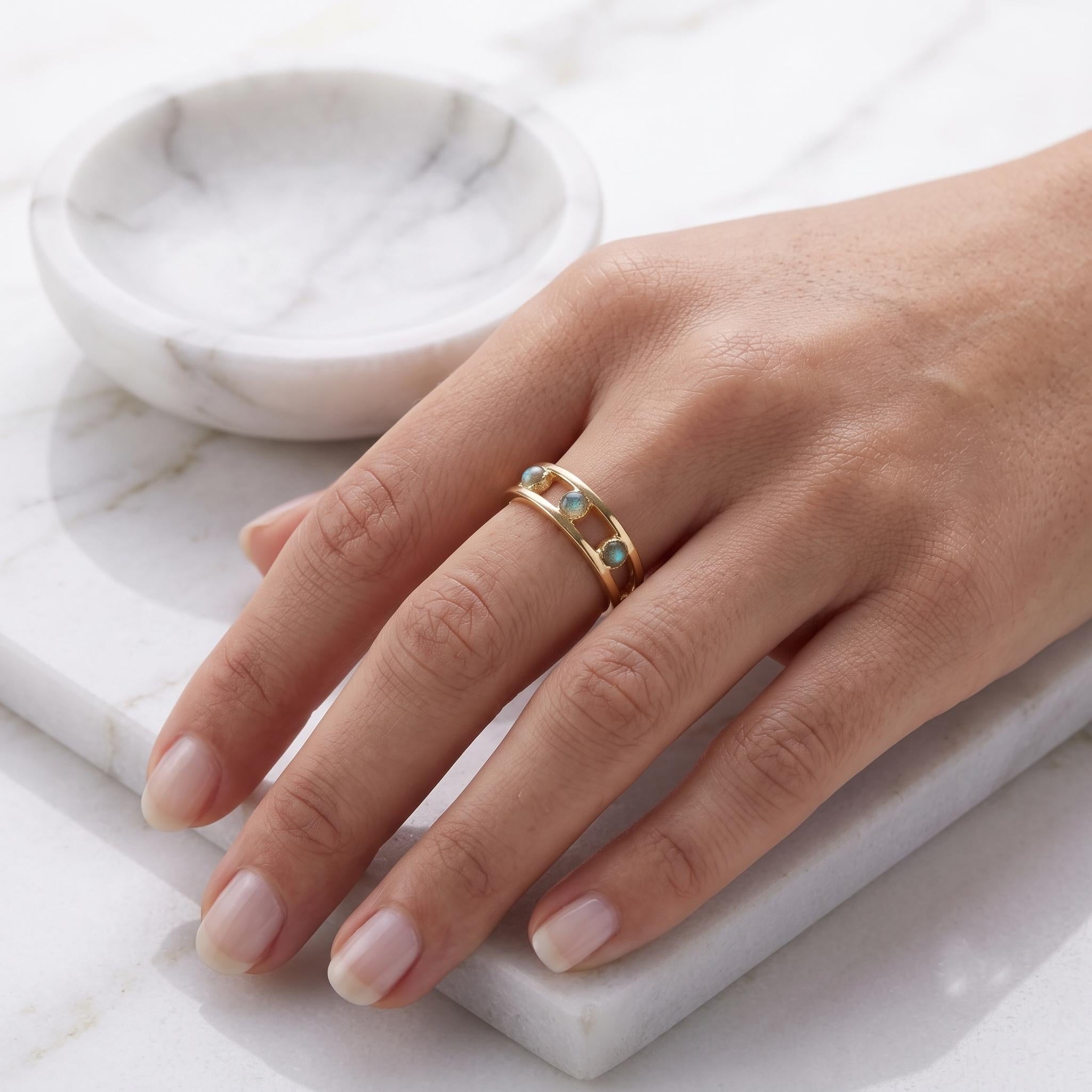 Dainty Three-Stone Open Band Ring – Minimalist Gold Trilogy Stacking Ring – Handmade Everyday Jewelry