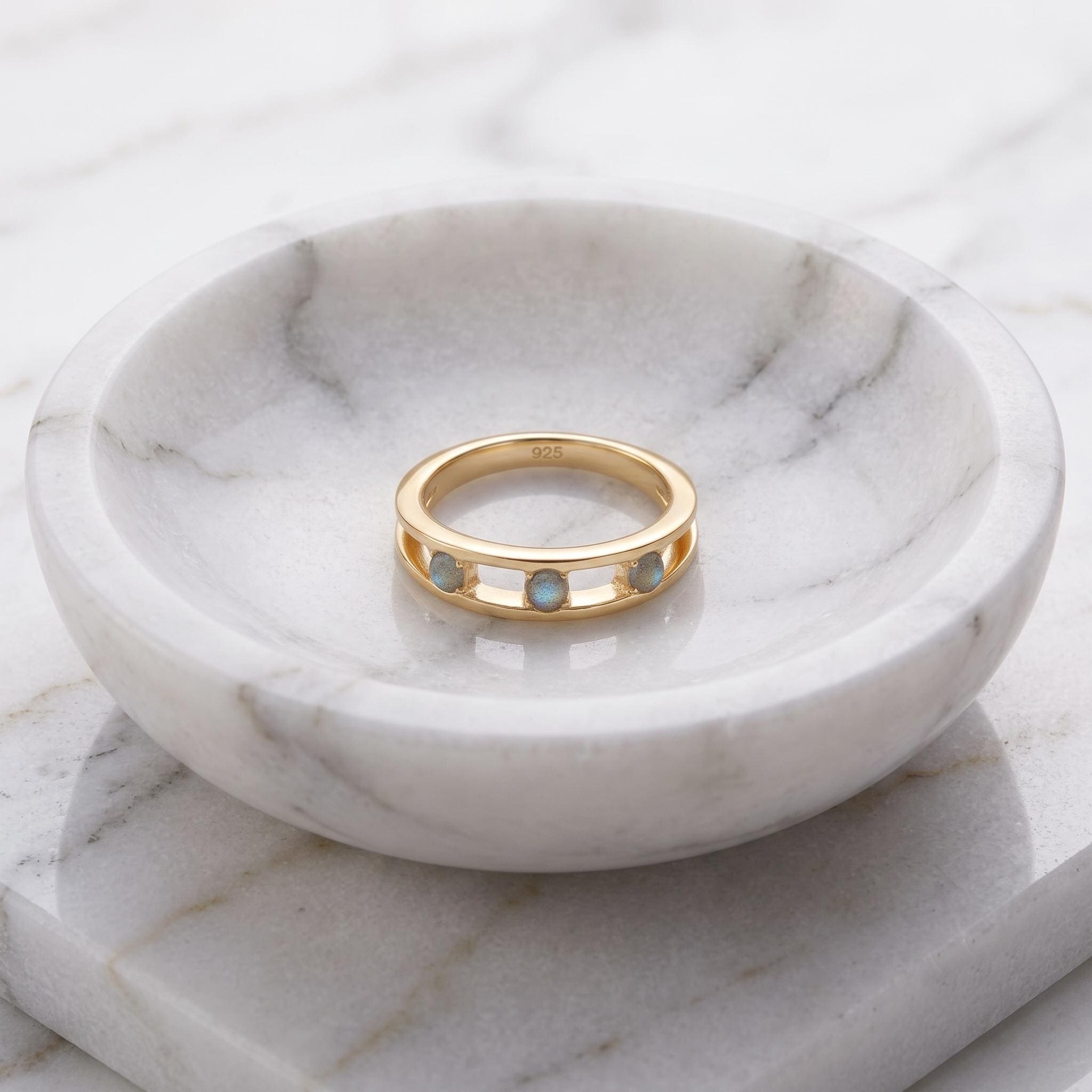 Dainty Three-Stone Open Band Ring – Minimalist Gold Trilogy Stacking Ring – Handmade Everyday Jewelry