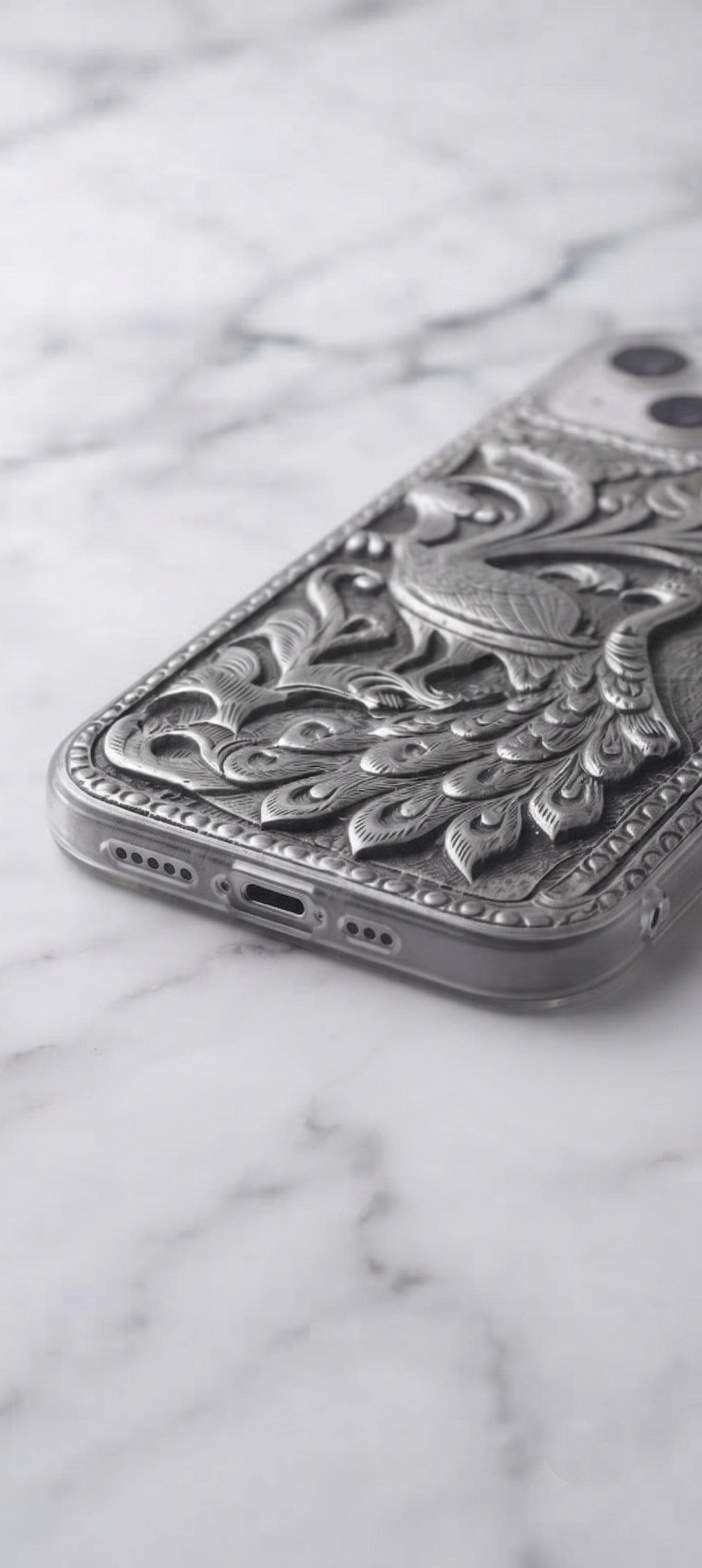 Antique Silver Peacock Phone Case | Embossed Artistic Smartphone Cover | Royal Indian Style
