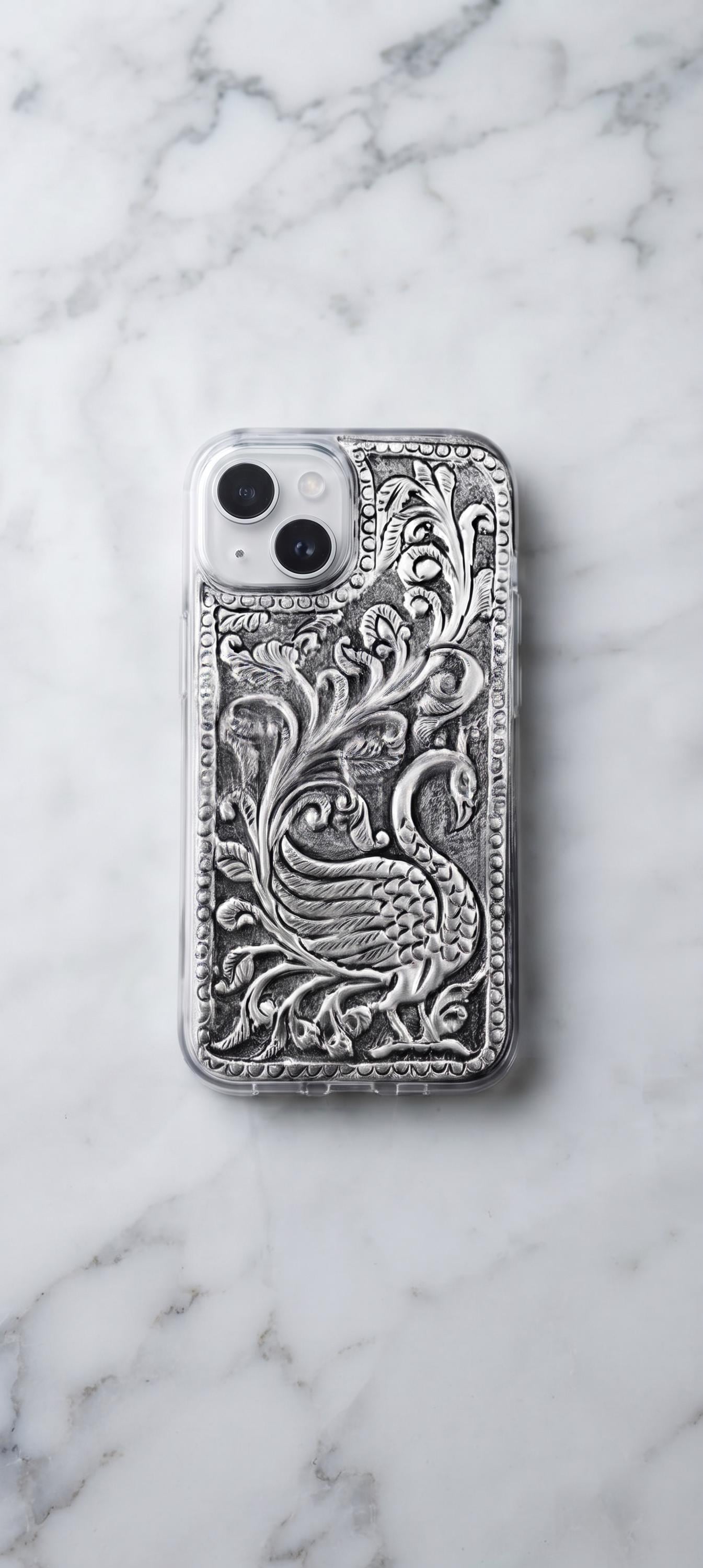 Antique Silver Peacock Phone Case | Embossed Artistic Smartphone Cover | Royal Indian Style