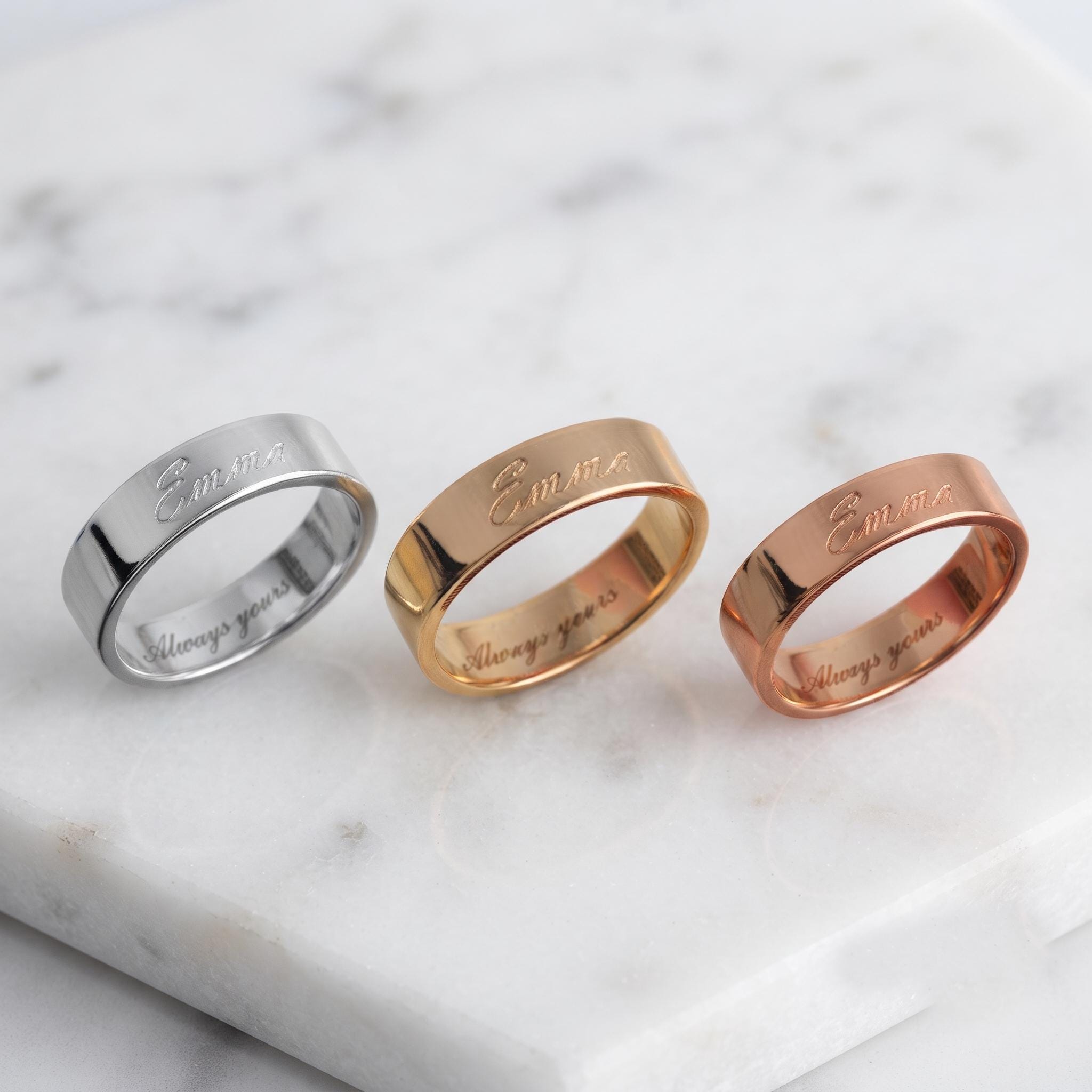 Engraved 14K Gold Band, Double Sided Custom Ring, Personalized Jewelry Box Set