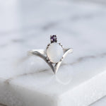 Natural Moonstone & Amethyst Ring, V-Shaped Band, 925 Sterling Silver, Handmade Statement Ring, Boho Jewelry Gift