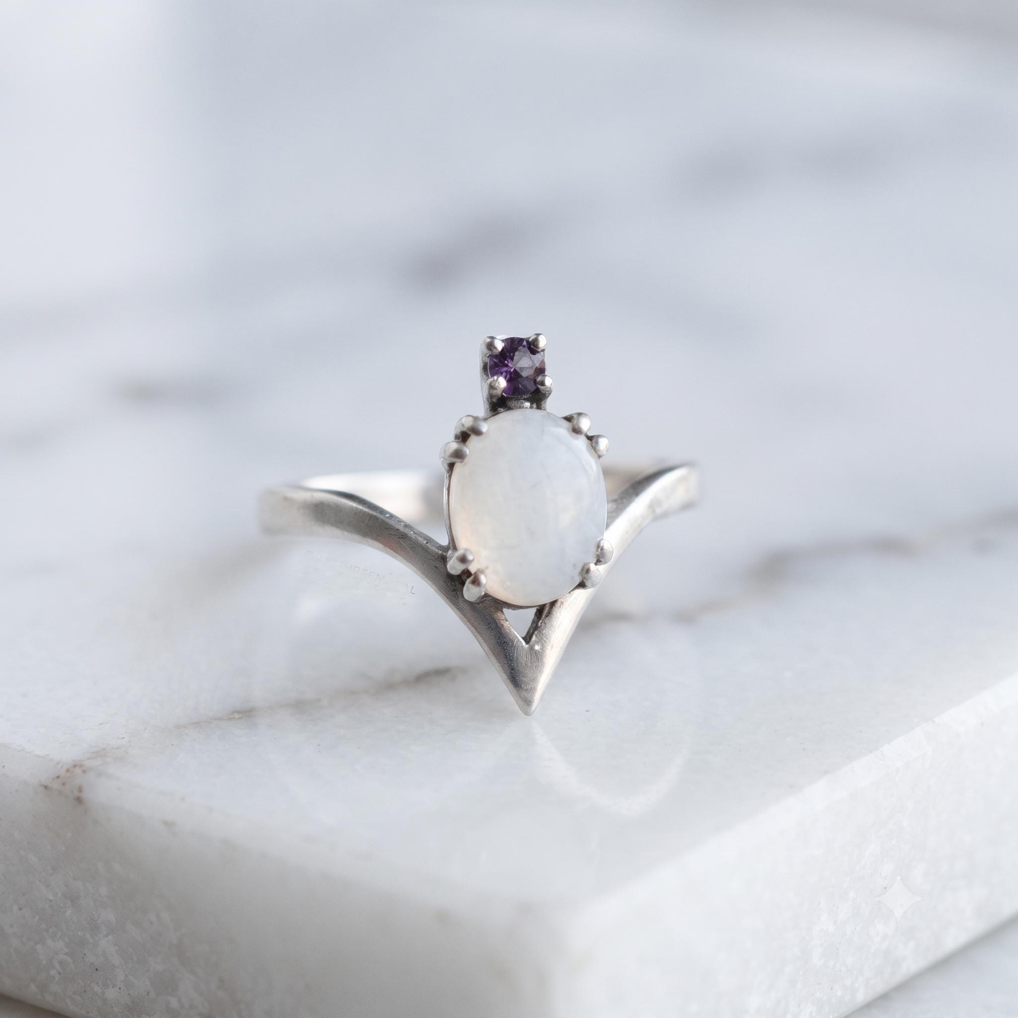 Natural Moonstone & Amethyst Ring, V-Shaped Band, 925 Sterling Silver, Handmade Statement Ring, Boho Jewelry Gift