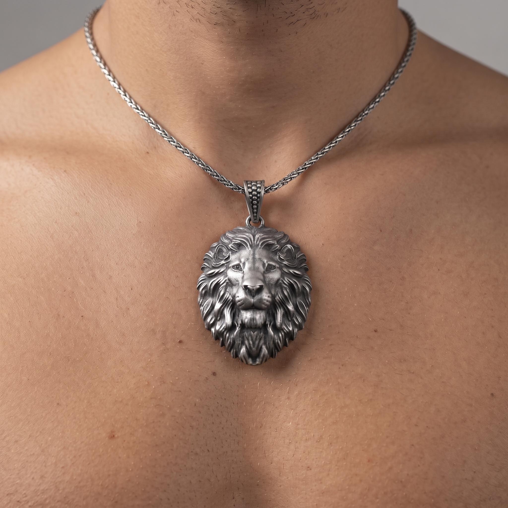 Antique Oxidized Sterling Silver Lion Head Pendant Necklace, Detailed Animal Jewelry