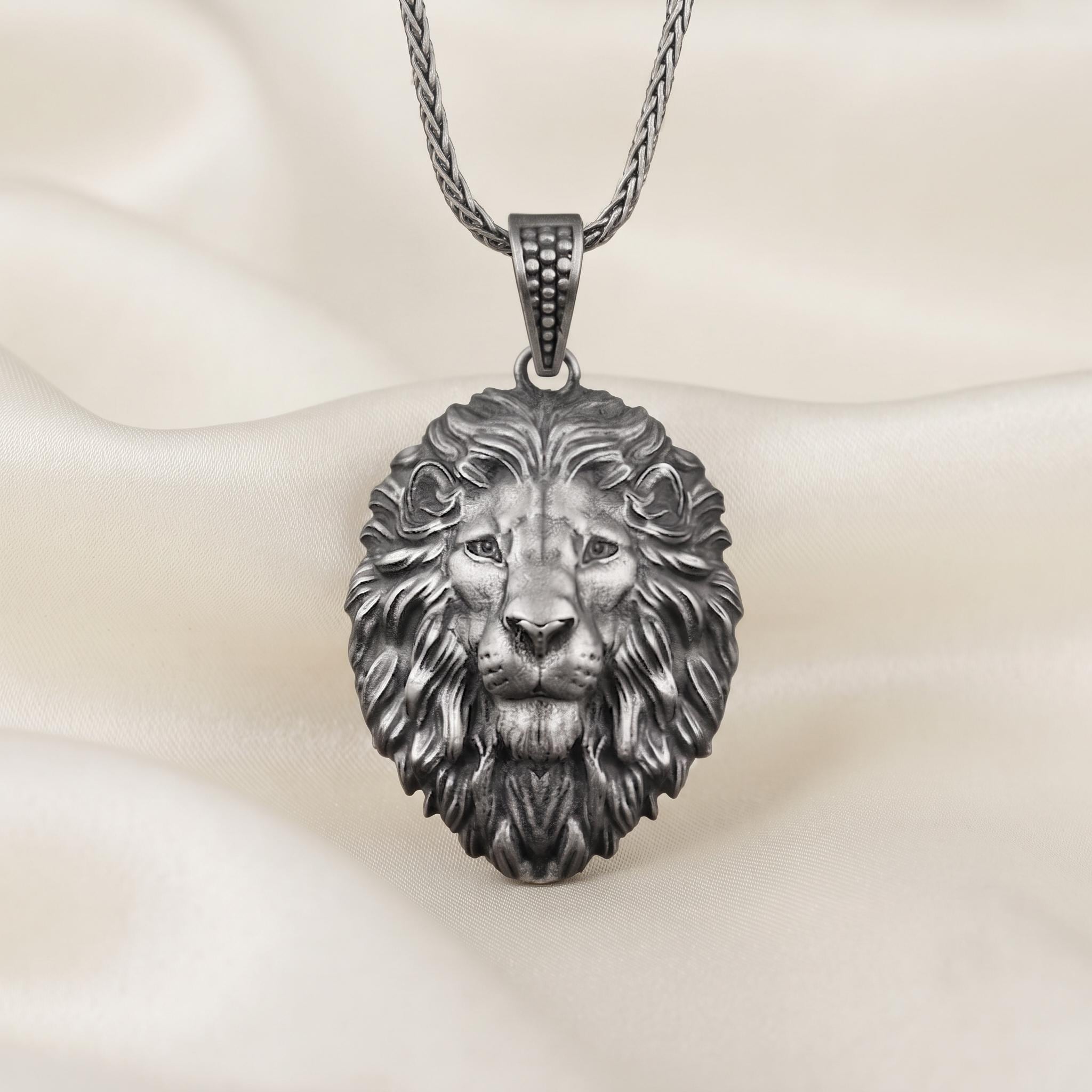 Antique Oxidized Sterling Silver Lion Head Pendant Necklace, Detailed Animal Jewelry
