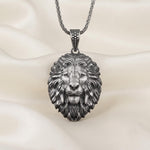 Antique Oxidized Sterling Silver Lion Head Pendant Necklace, Detailed Animal Jewelry