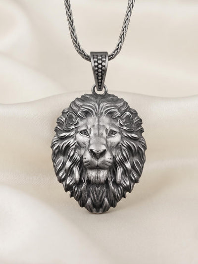 Antique Oxidized Sterling Silver Lion Head Pendant Necklace, Detailed Animal Jewelry