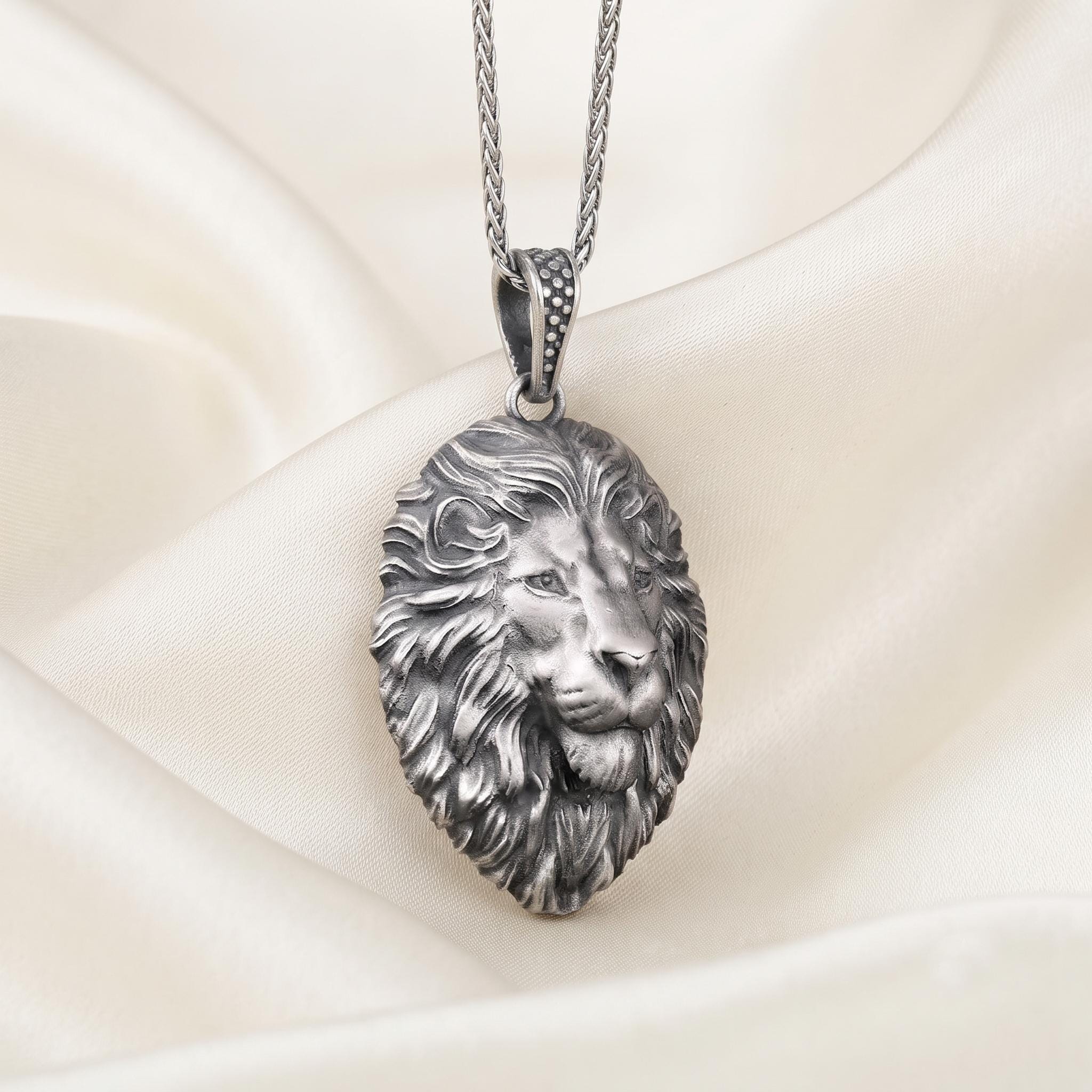Antique Oxidized Sterling Silver Lion Head Pendant Necklace, Detailed Animal Jewelry