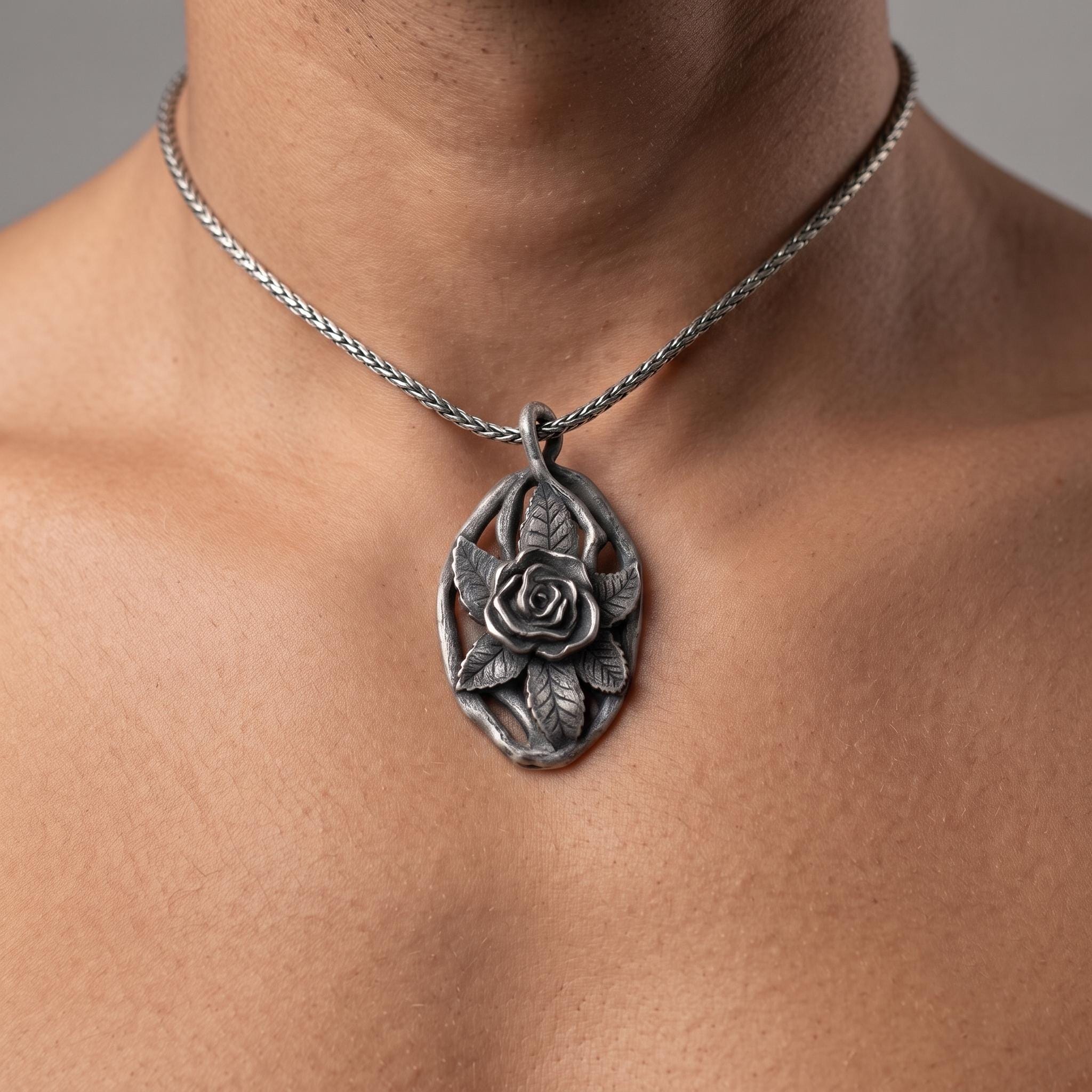 Sterling Silver Rose Pendant Necklace, Oxidized Floral Design, Vintage Botanical Jewelry