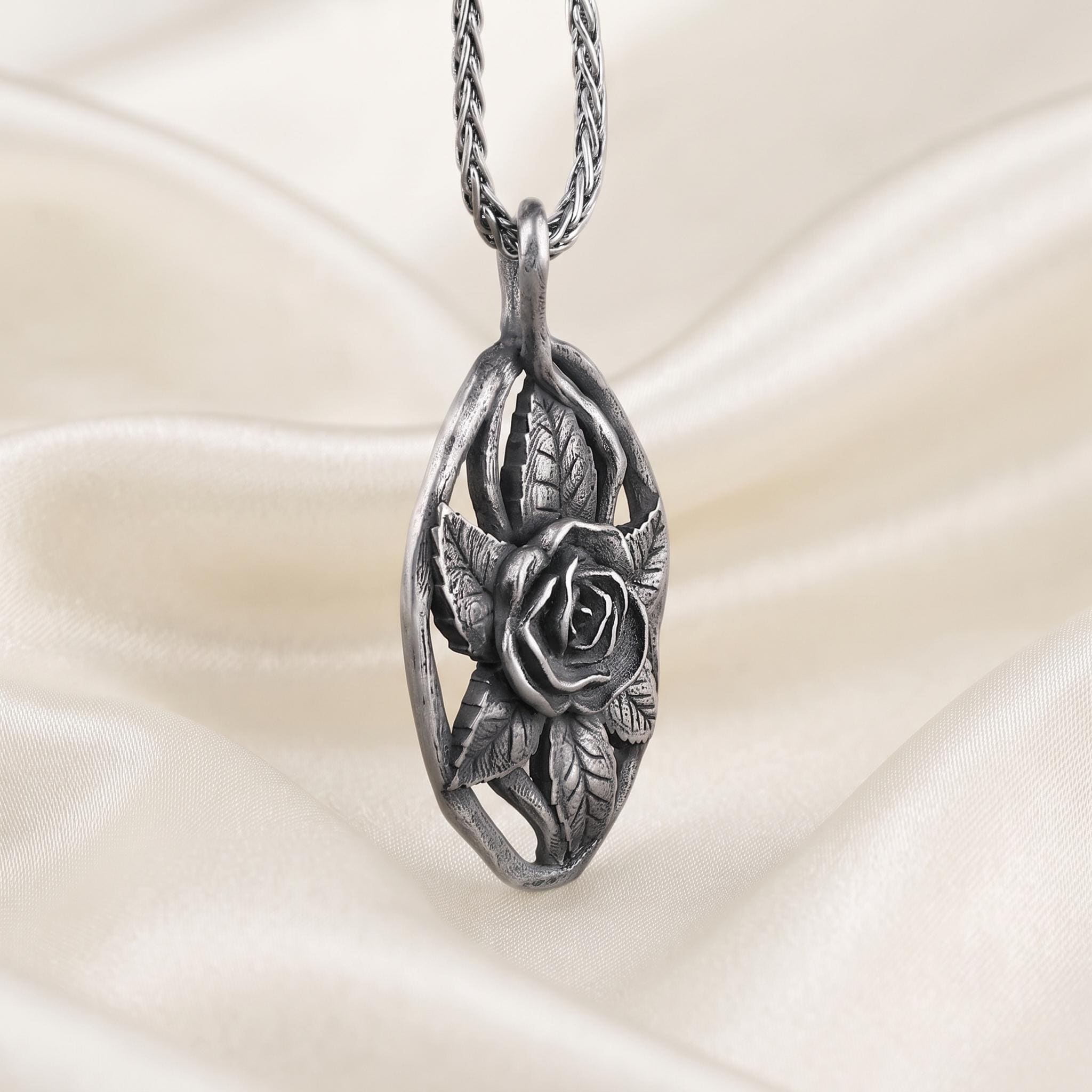Sterling Silver Rose Pendant Necklace, Oxidized Floral Design, Vintage Botanical Jewelry