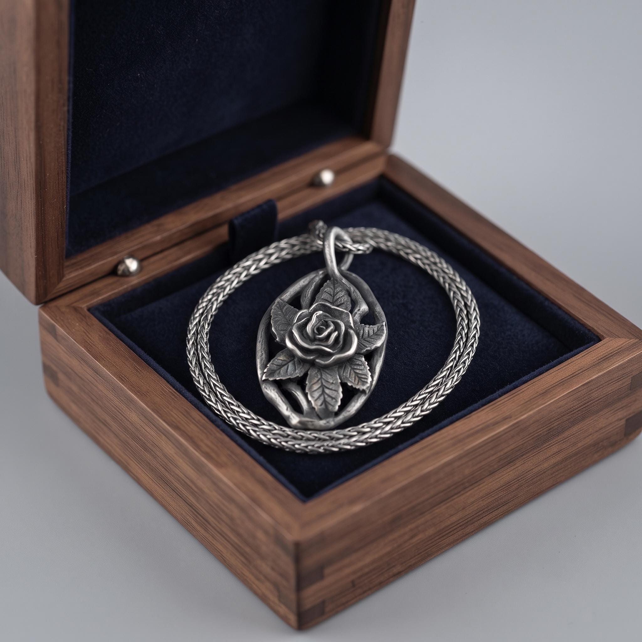 Sterling Silver Rose Pendant Necklace, Oxidized Floral Design, Vintage Botanical Jewelry