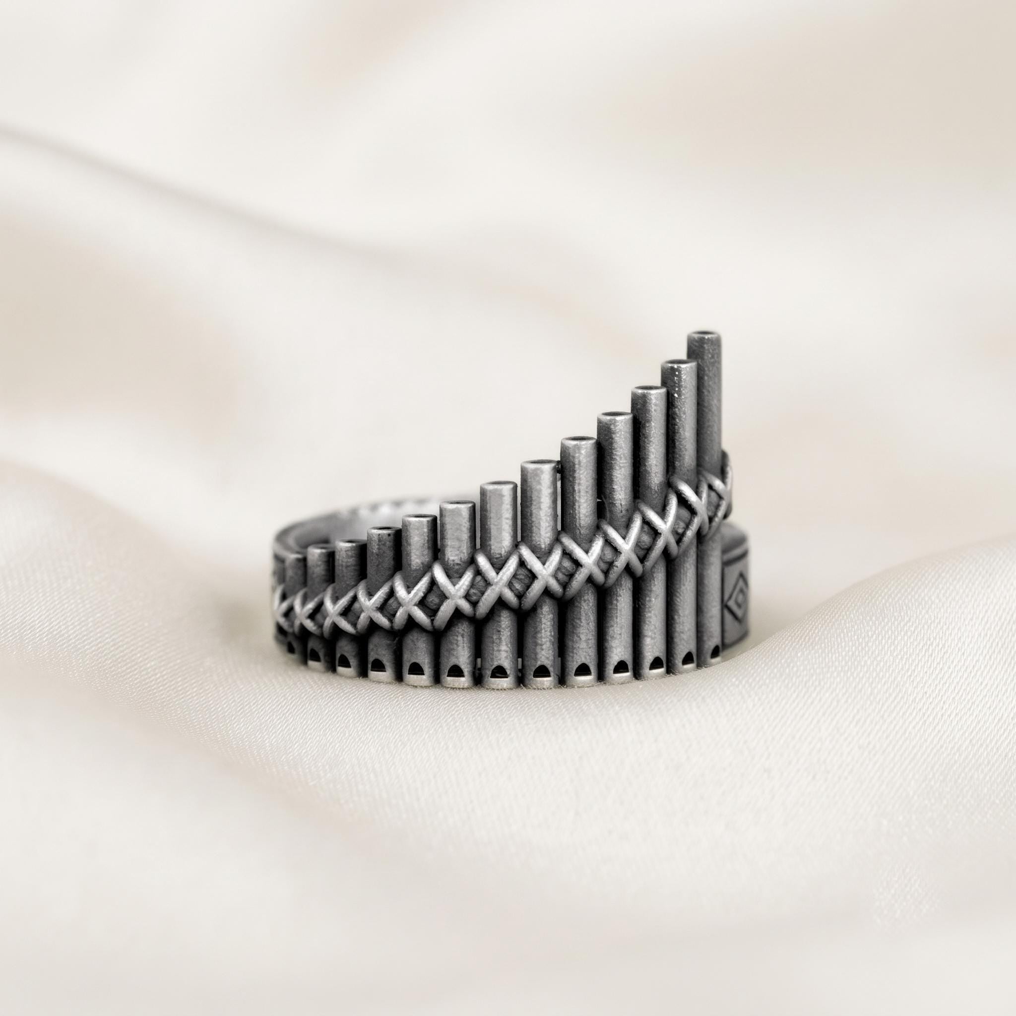Sterling Silver Pan Flute Ring, Oxidized Antique Finish, Musician Jewelry