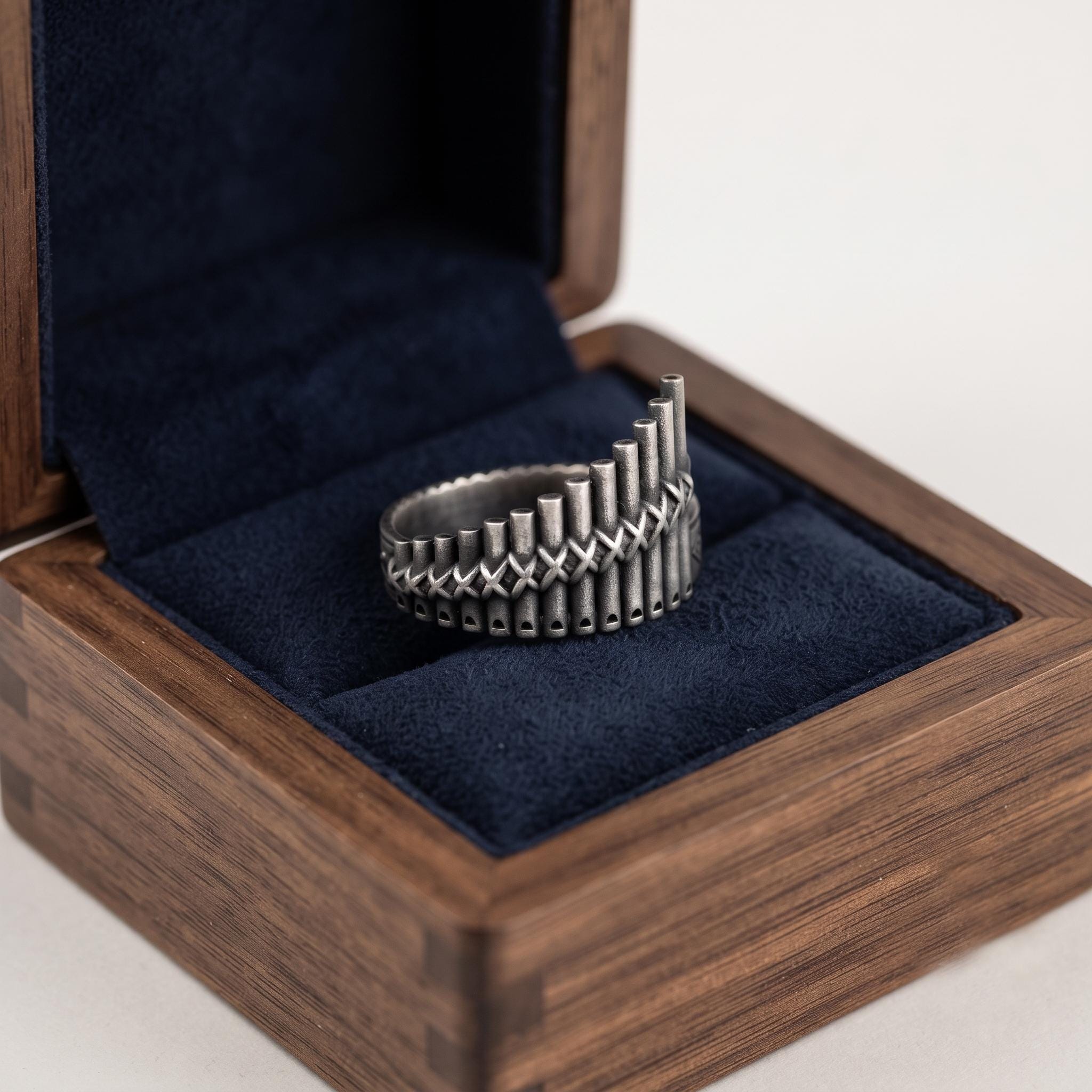 Sterling Silver Pan Flute Ring, Oxidized Antique Finish, Musician Jewelry