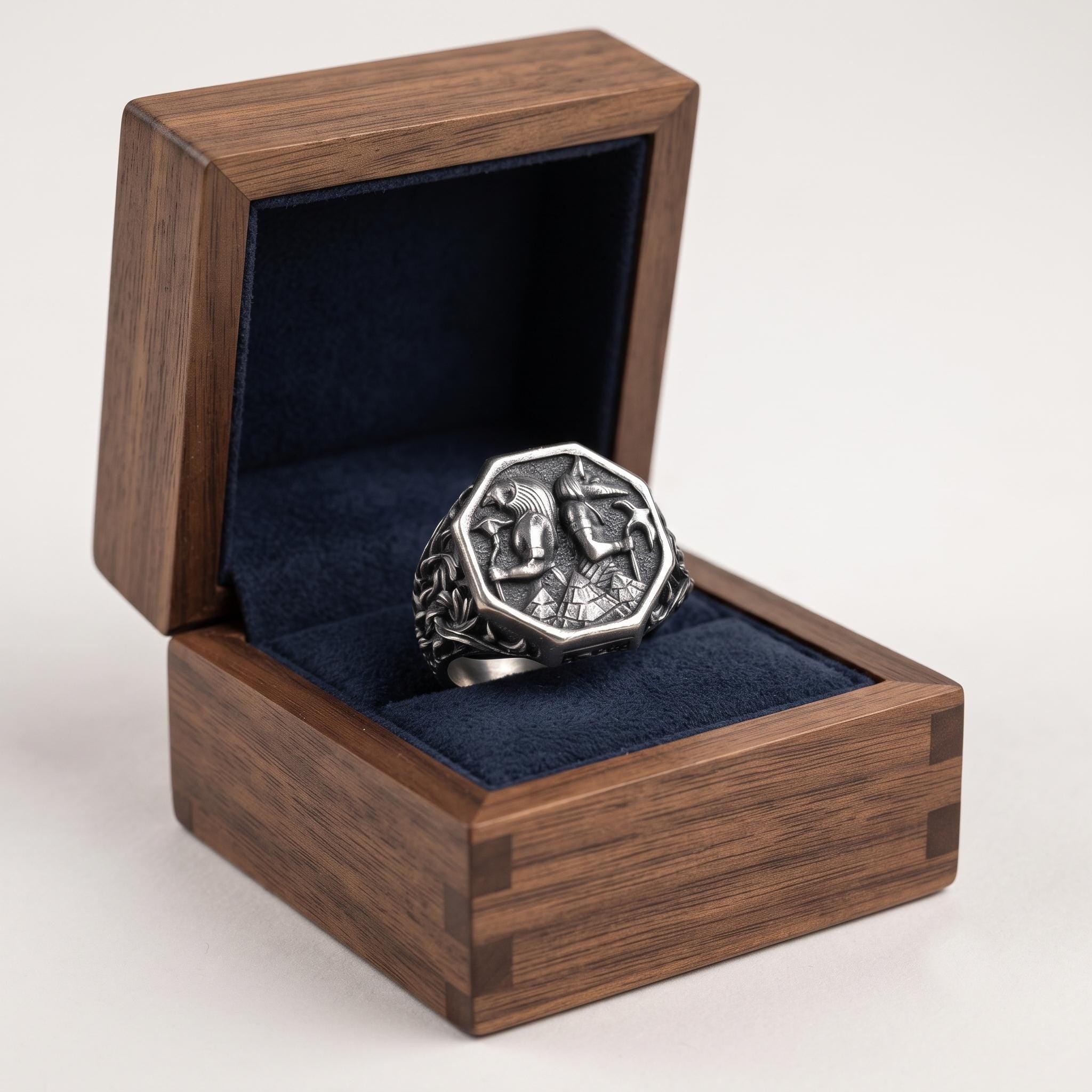 Sterling Silver Anubis Signet Ring, Egyptian God, Oxidized Finish, Gothic Mens Jewelry