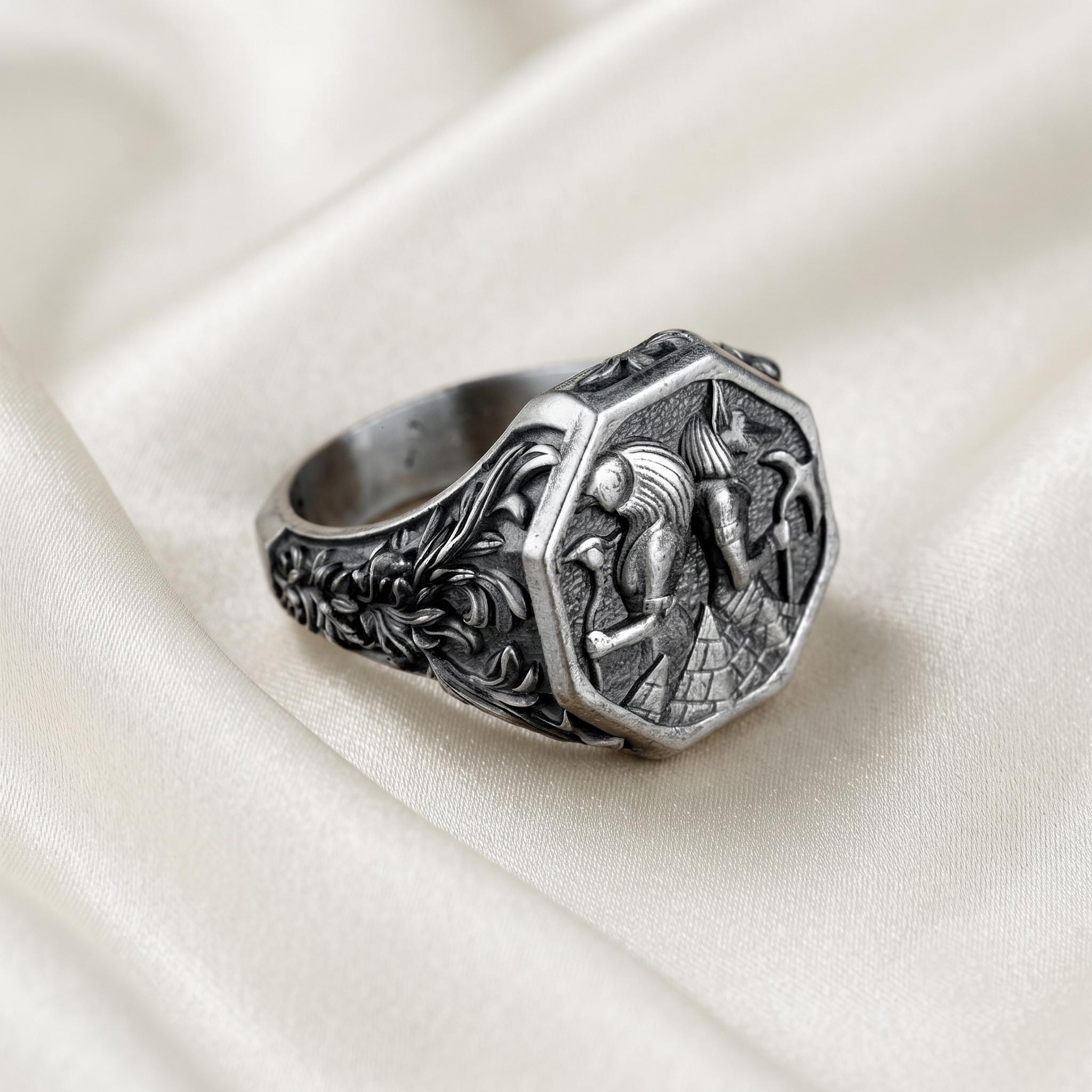 Sterling Silver Anubis Signet Ring, Egyptian God, Oxidized Finish, Gothic Mens Jewelry