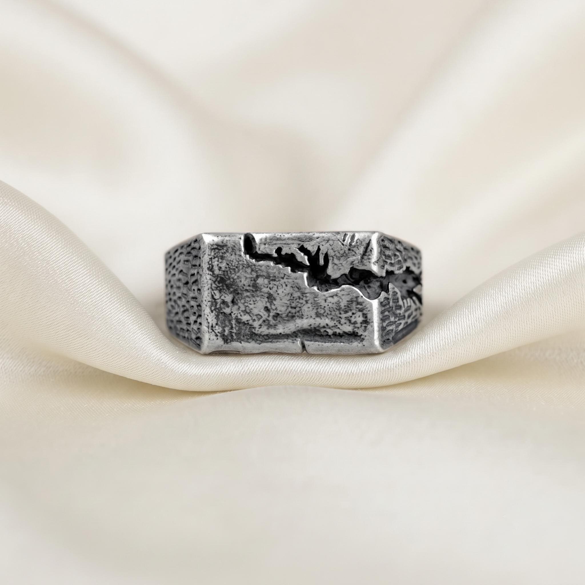 Handmade Textured Sterling Silver Signet Ring, Brutalist Rustic Statement Band