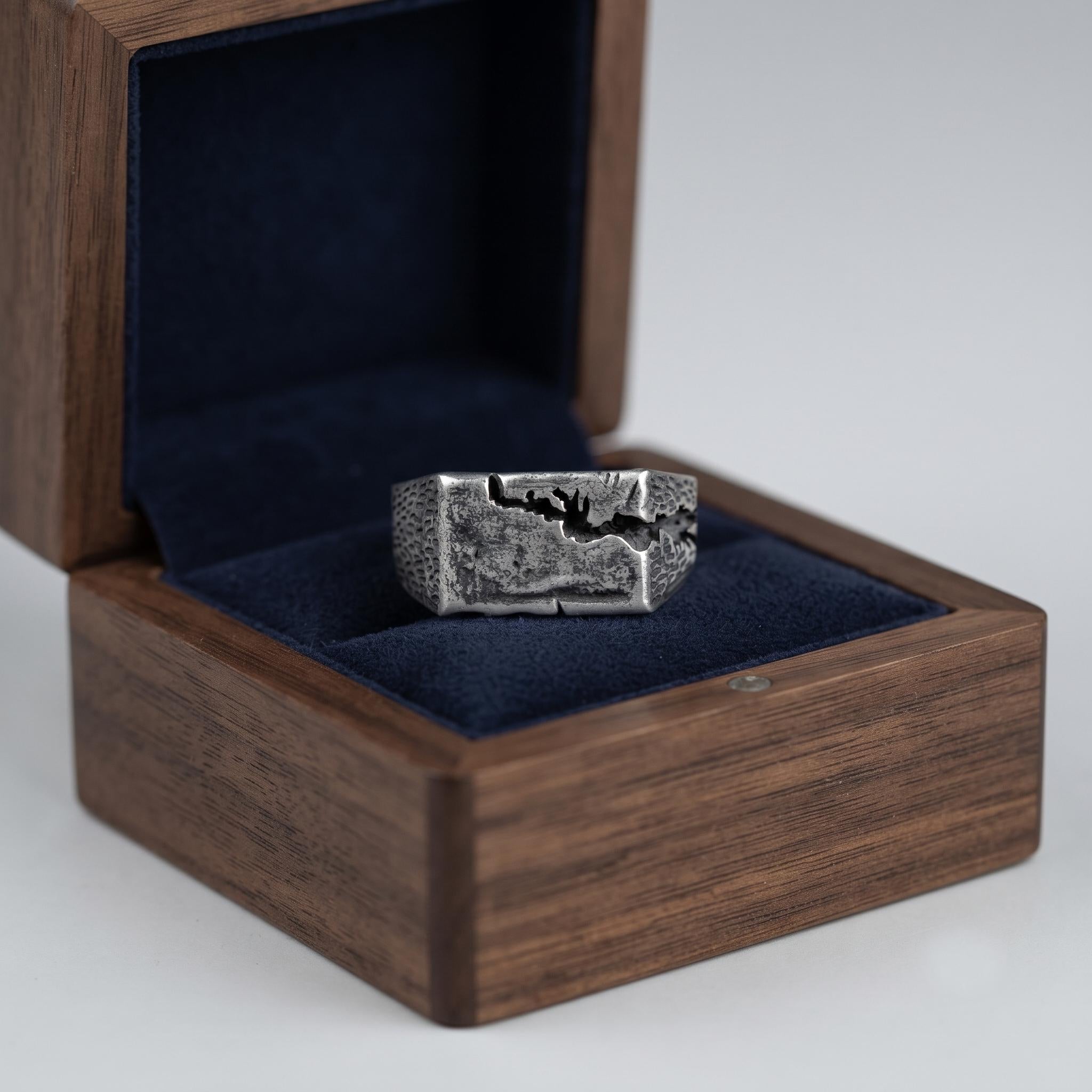 Handmade Textured Sterling Silver Signet Ring, Brutalist Rustic Statement Band