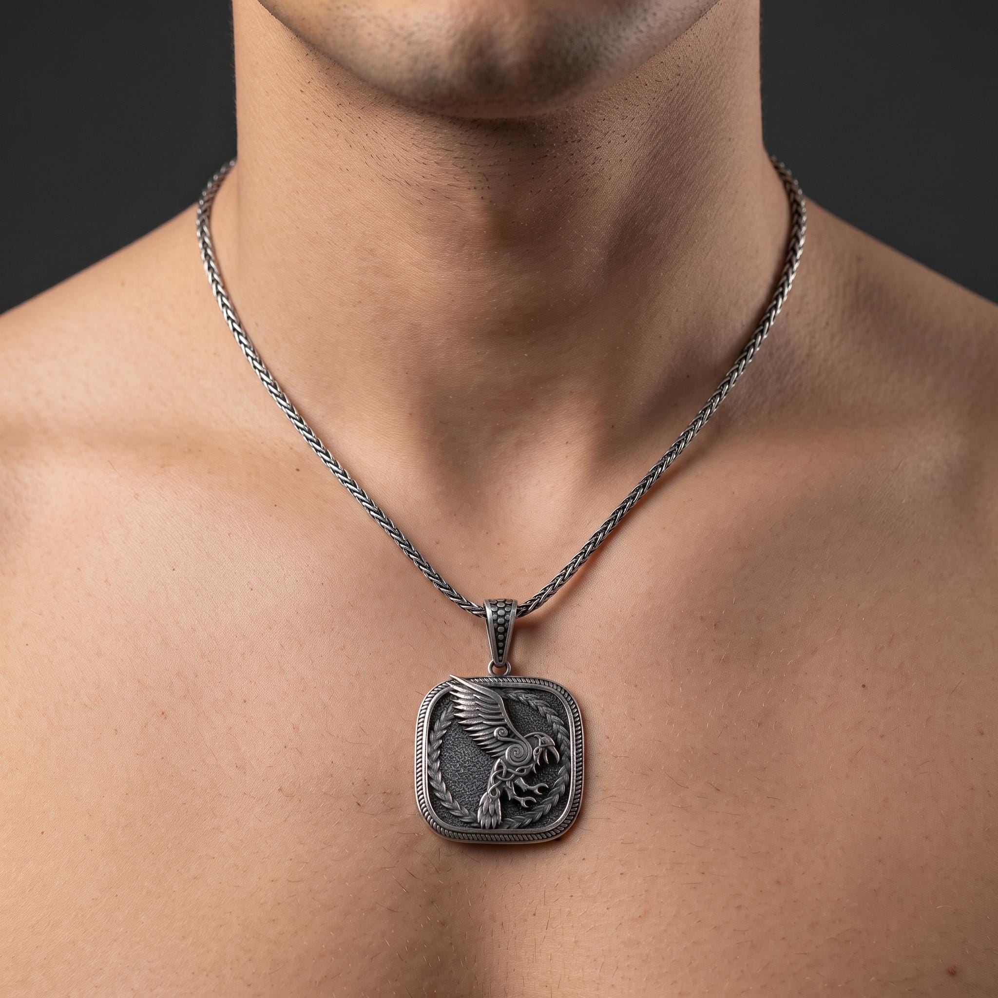 Oxidized Sterling Silver Viking Raven Pendant, Norse Mythology Necklace, Celtic Knotwork Amulet