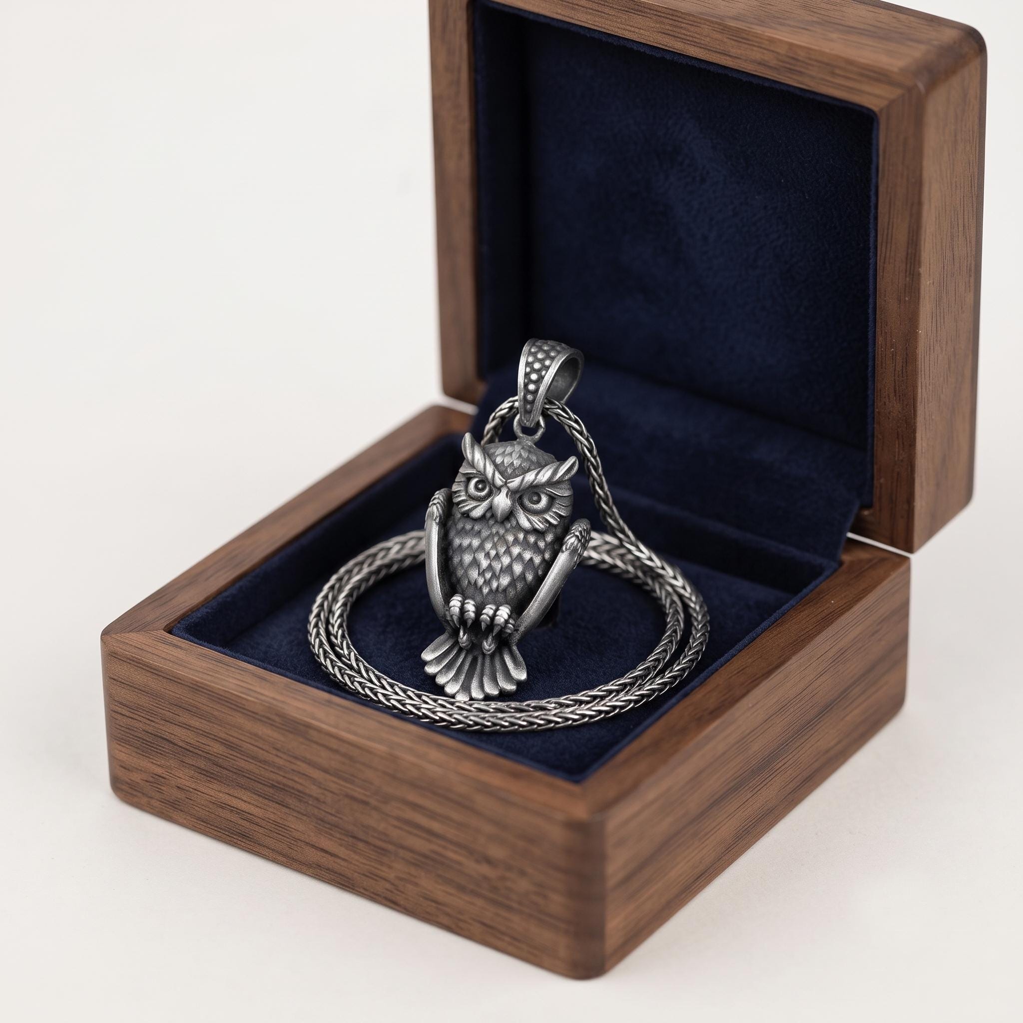 Sterling Silver Owl Pendant Necklace, Detailed Gothic Bird Charm, Gift for Him