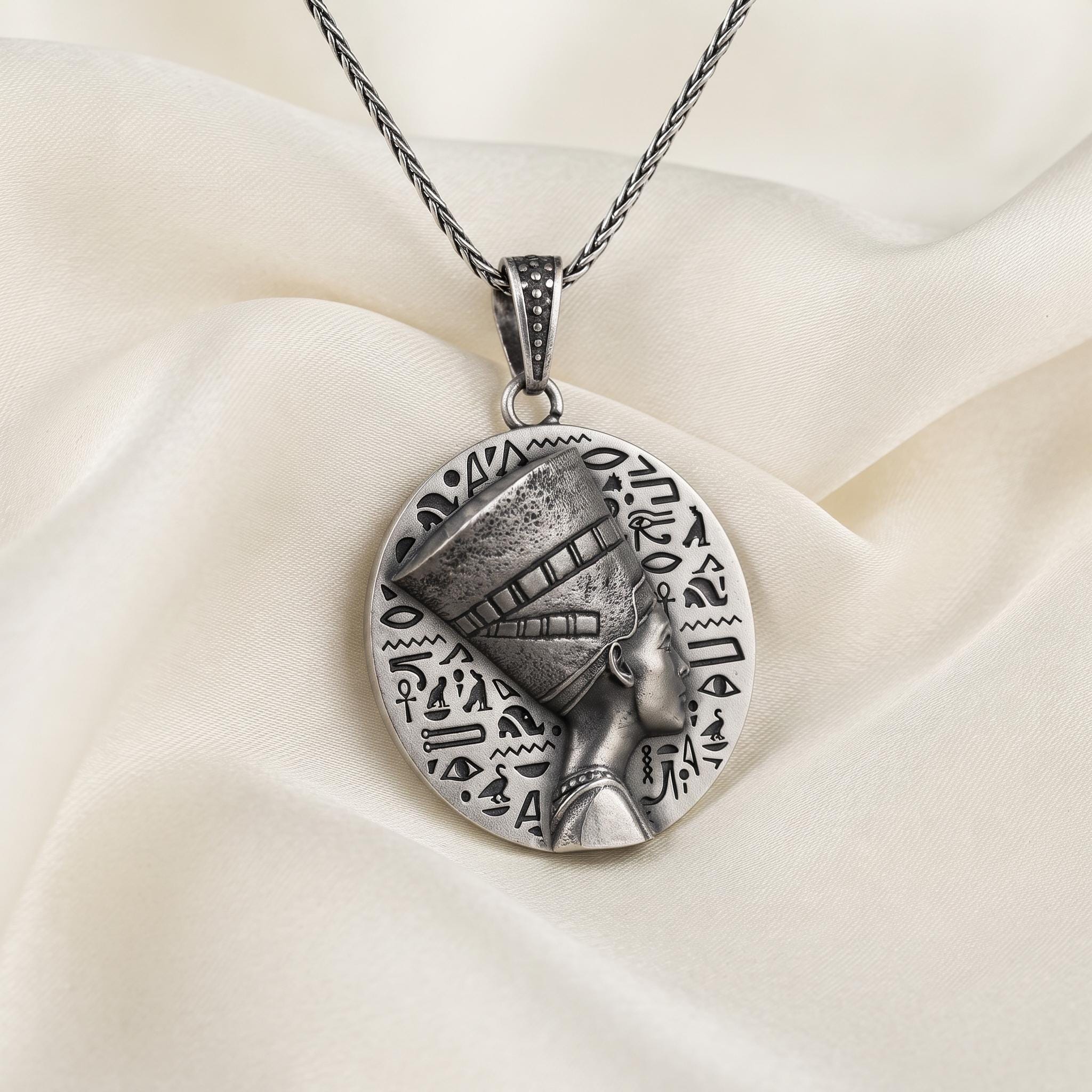 Handmade Sterling Silver Nefertiti Pendant Necklace, Ancient Egyptian Hieroglyphics Amulet